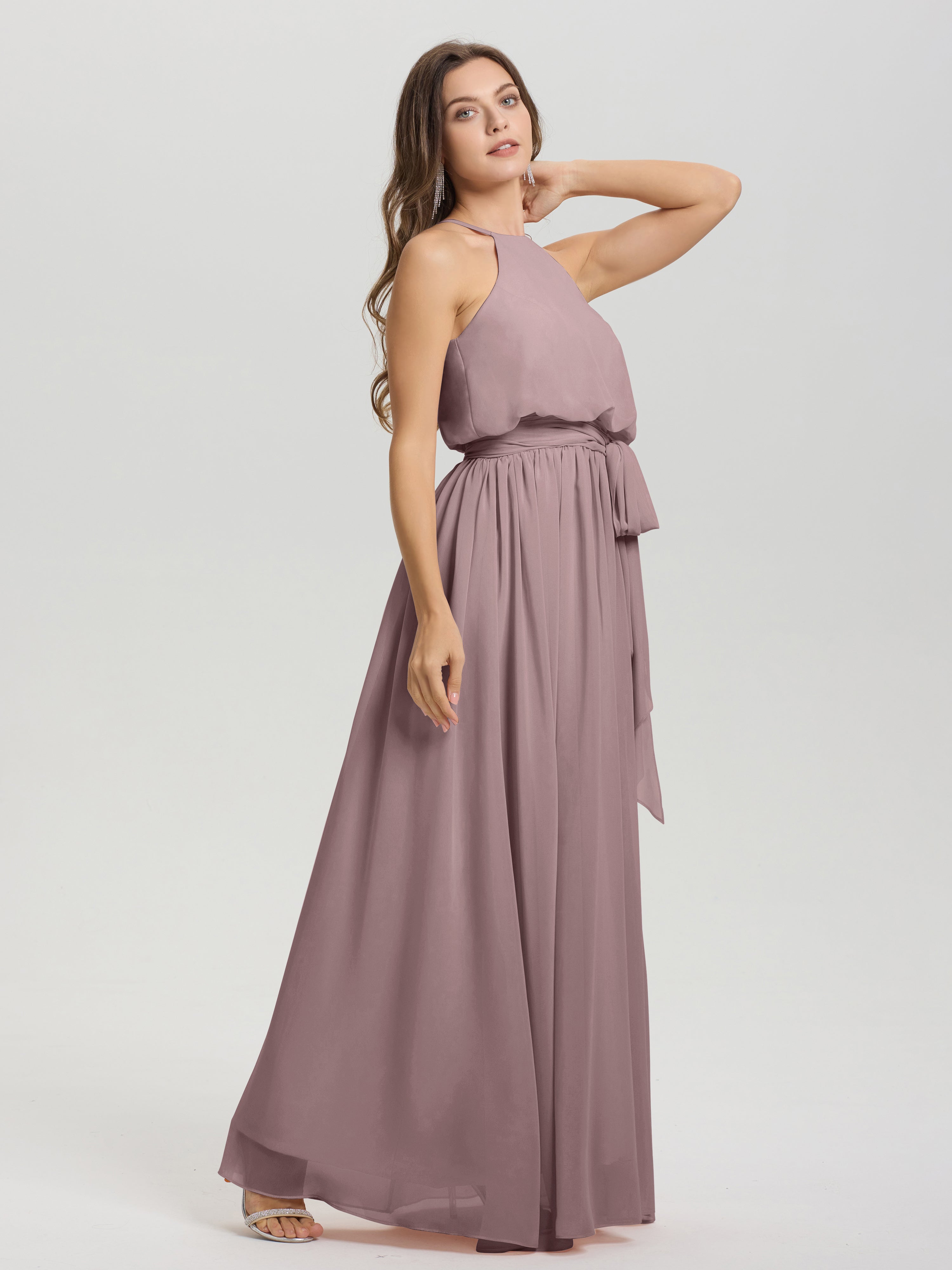 Robes De Demoiselle D'Honneur Mauve Foncé Licou Trapèze Mousseline Robe Demoiselle D'Honneur