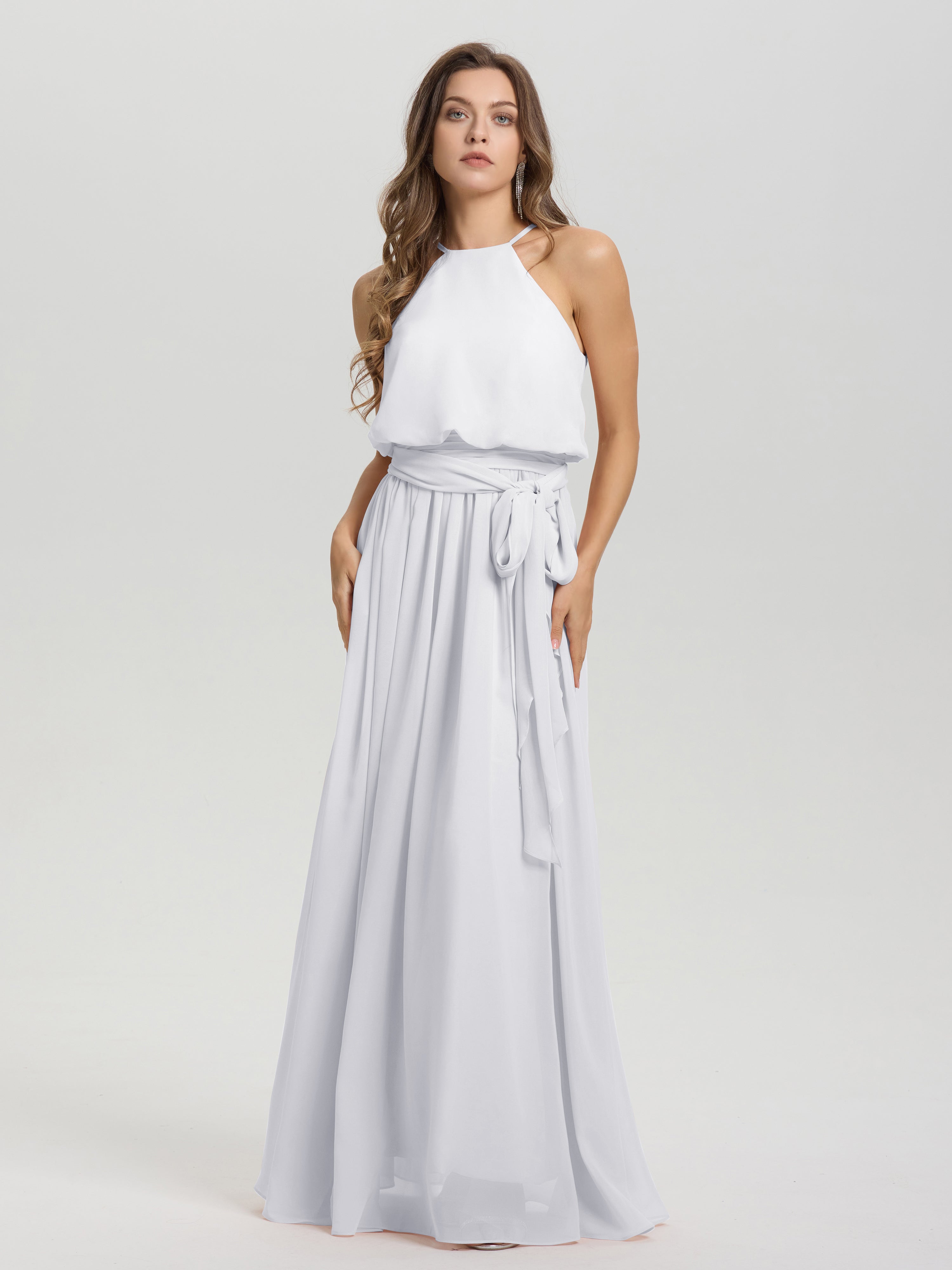 Robes De Demoiselle D'Honneur Blanches Licou Trapèze Mousseline Robe Demoiselle D'Honneur