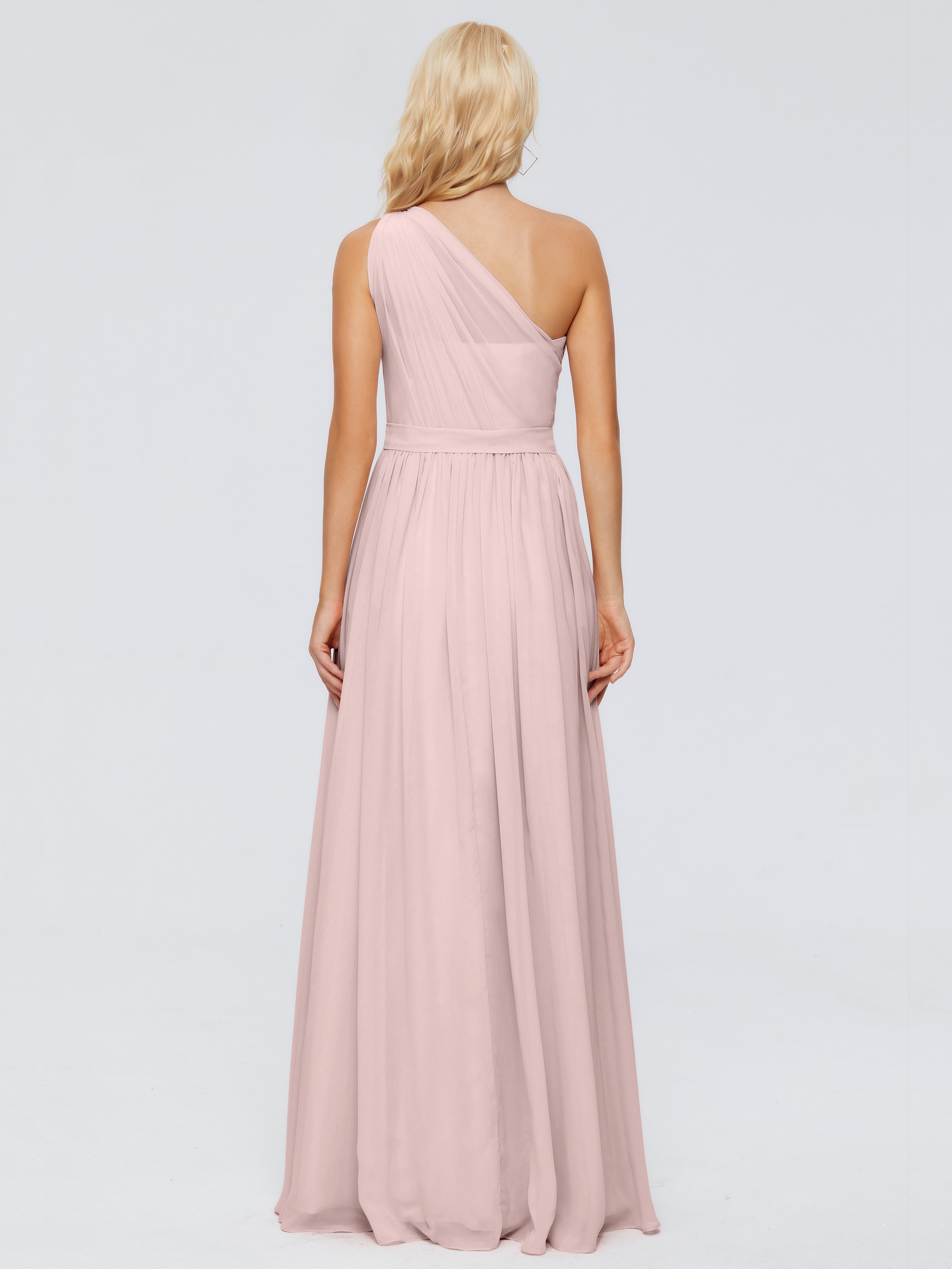 Arabella Trapèze Seule-épaule Ruban Mousseline Robes Demoiselle d'Honneur en ROSE_POUDRE
