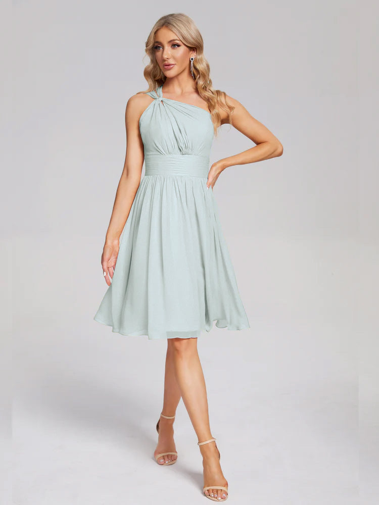 Robe Demoiselle D Honneur Celadon Longueur Genou Seule-Épaule Mousseline Robes Demoiselle D'Honneur