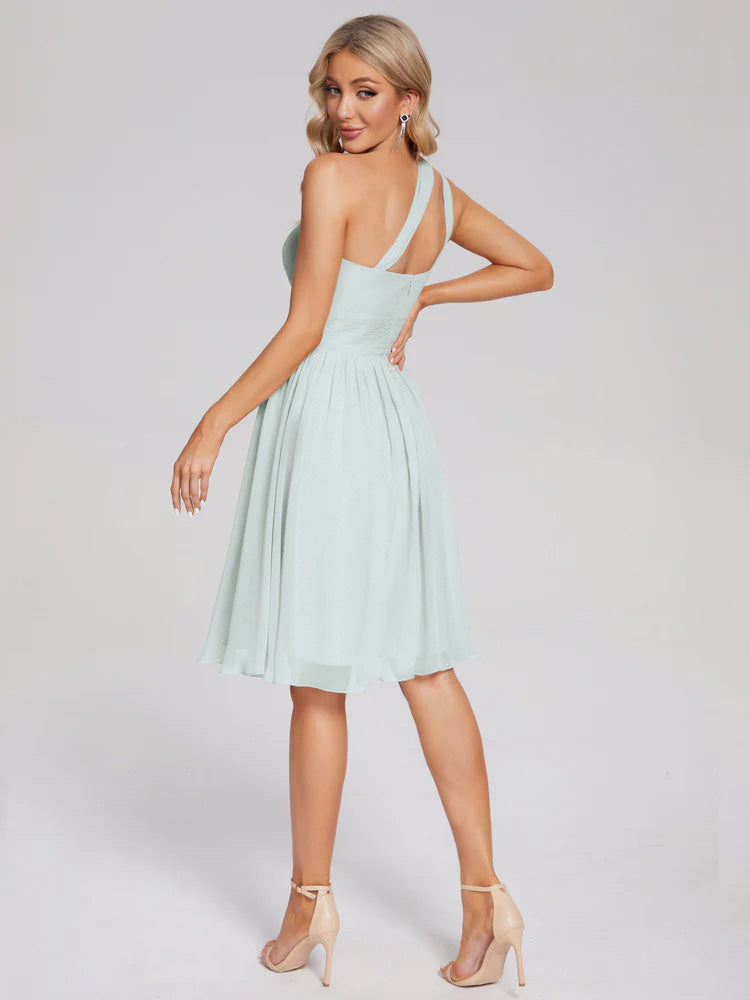 Robe Demoiselle D Honneur Celadon Longueur Genou Seule-Épaule Mousseline Robes Demoiselle D'Honneur