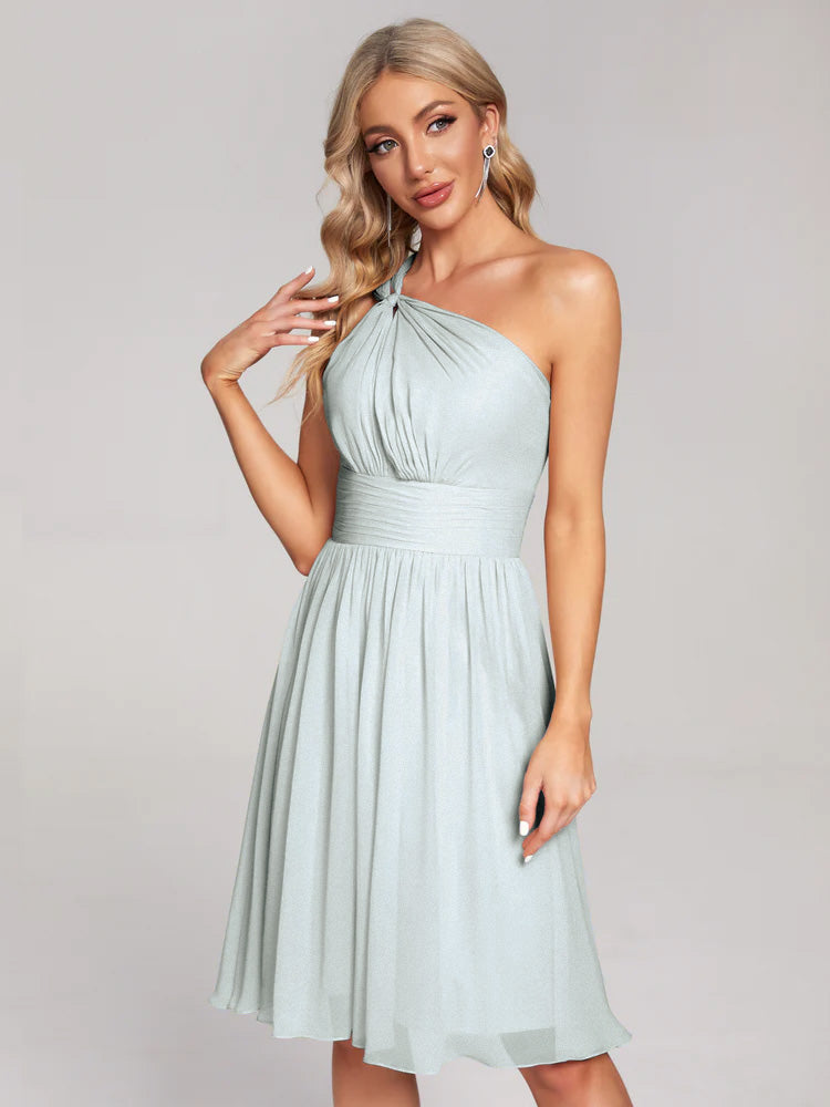 Robe Demoiselle D Honneur Celadon Longueur Genou Seule-Épaule Mousseline Robes Demoiselle D'Honneur