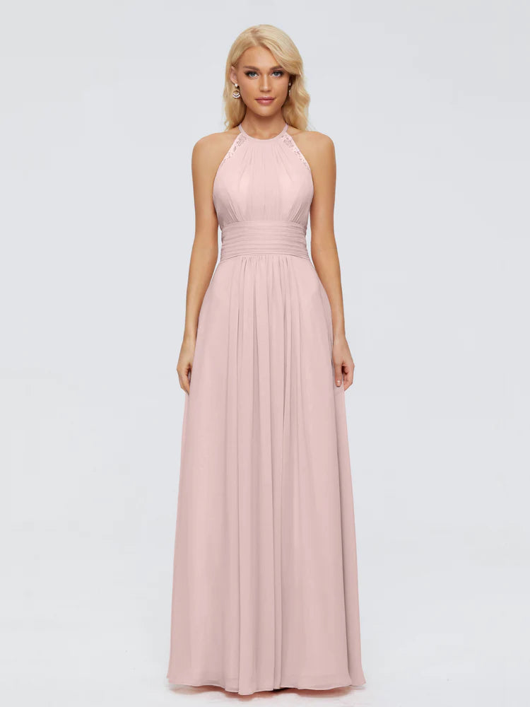 Arya Trapèze Licou Dentelle Mousseline Robes Demoiselle d'Honneur en ROSE POUDRE