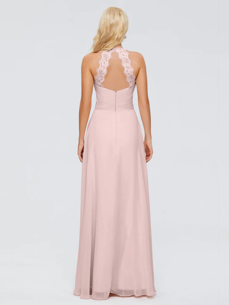 Arya Trapèze Licou Dentelle Mousseline Robes Demoiselle d'Honneur en ROSE POUDRE