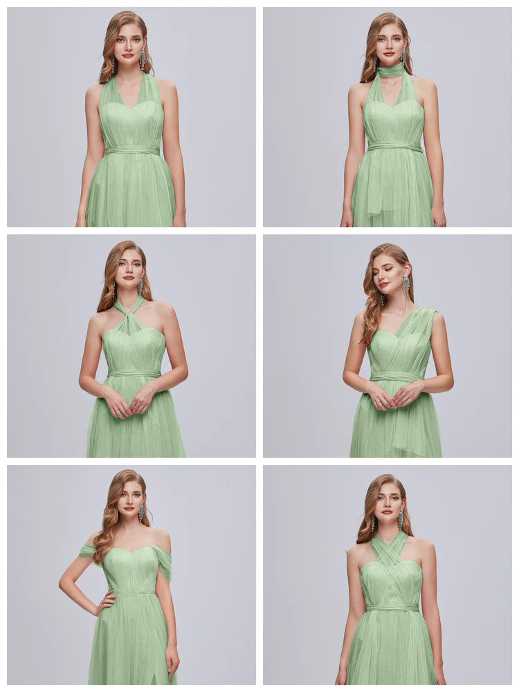 Demoiselles D'Honneur De Sauge Poussiéreuse Convertible Fendue Tulle Robe De Demoiselle D'Honneur