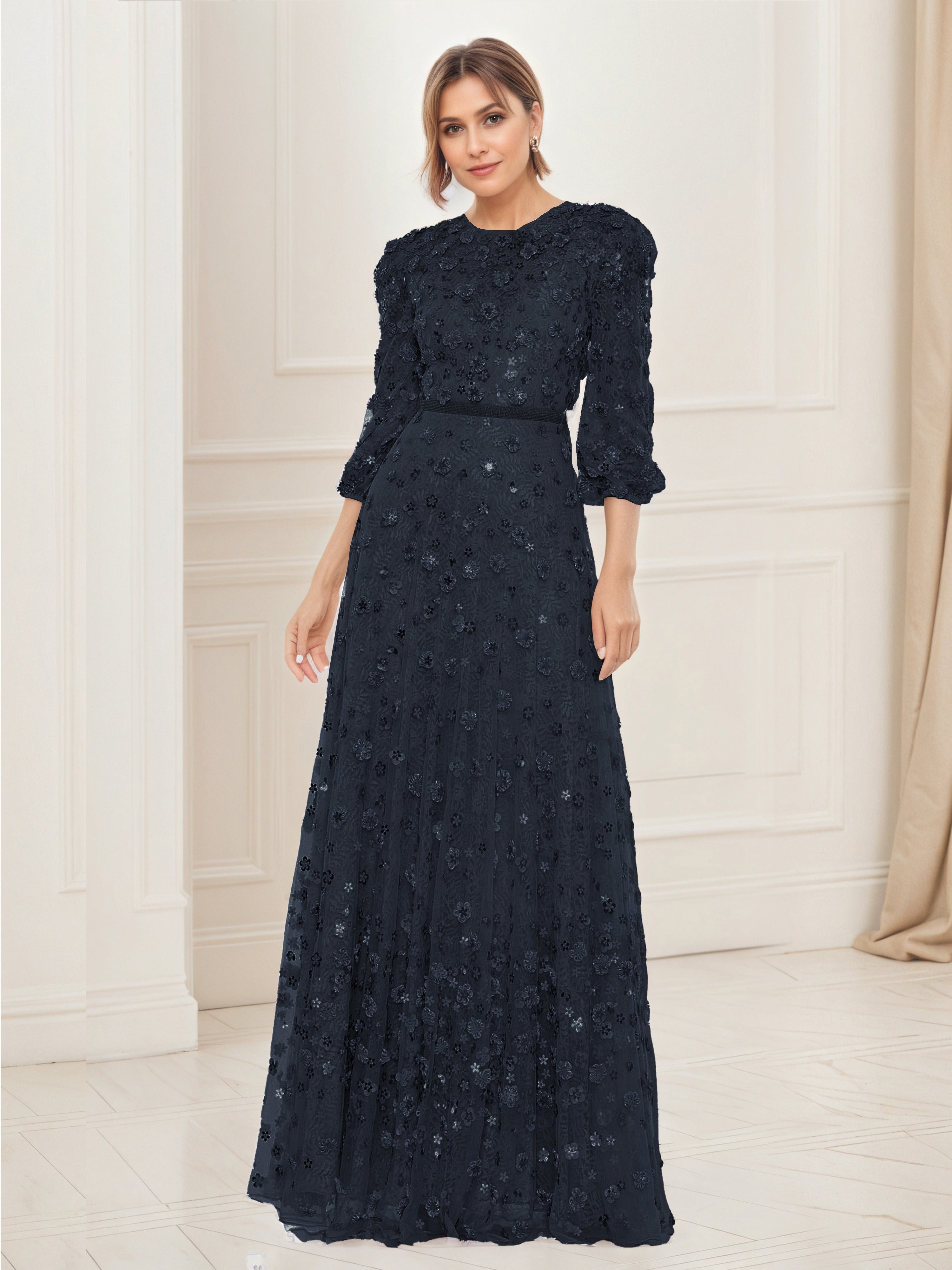Robe de Soirée Noir Robe à Fleurs avec Applications Trapèze à Manches 3/4