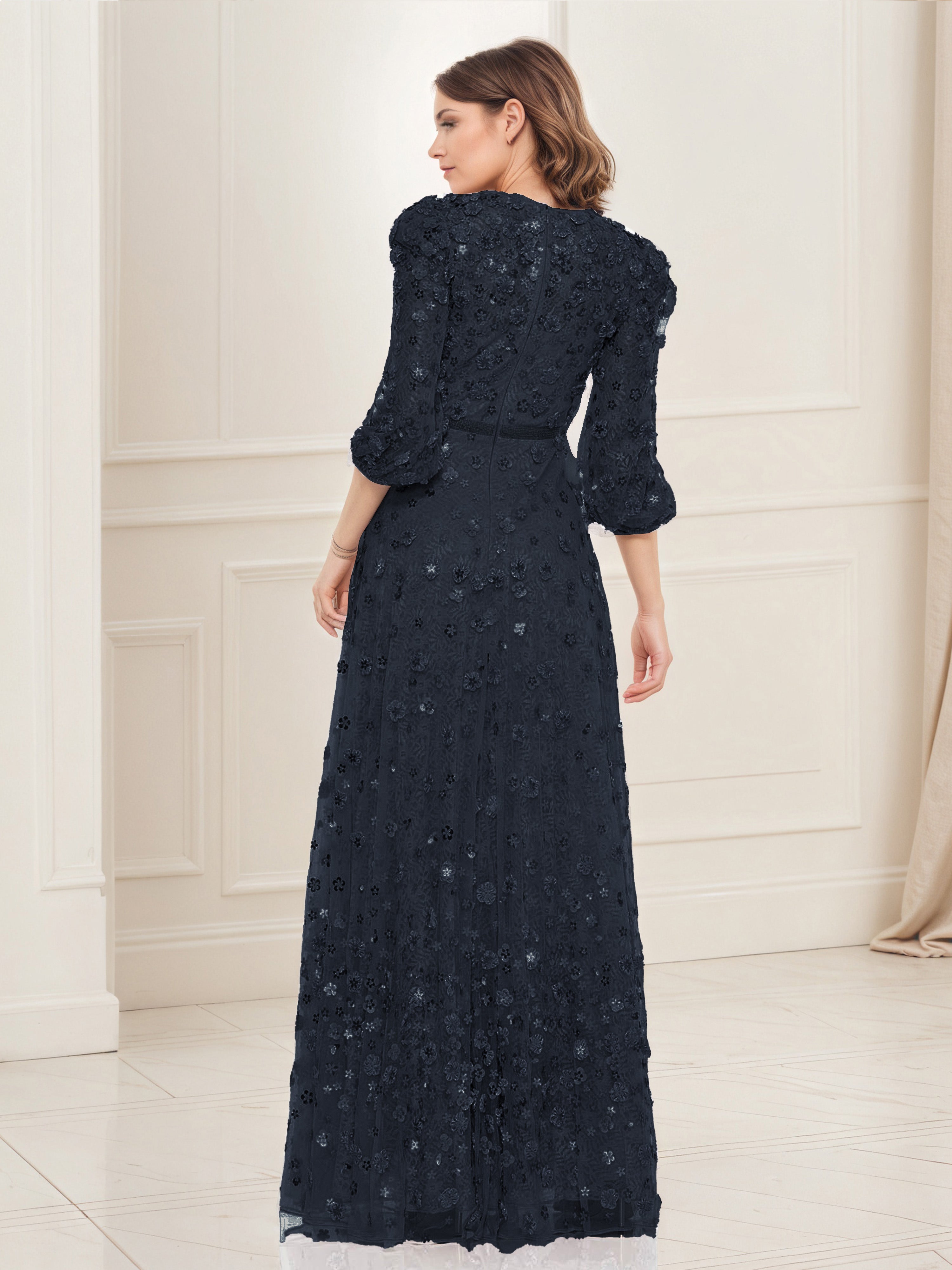 Robe de Soirée Noir Robe à Fleurs avec Applications Trapèze à Manches 3/4