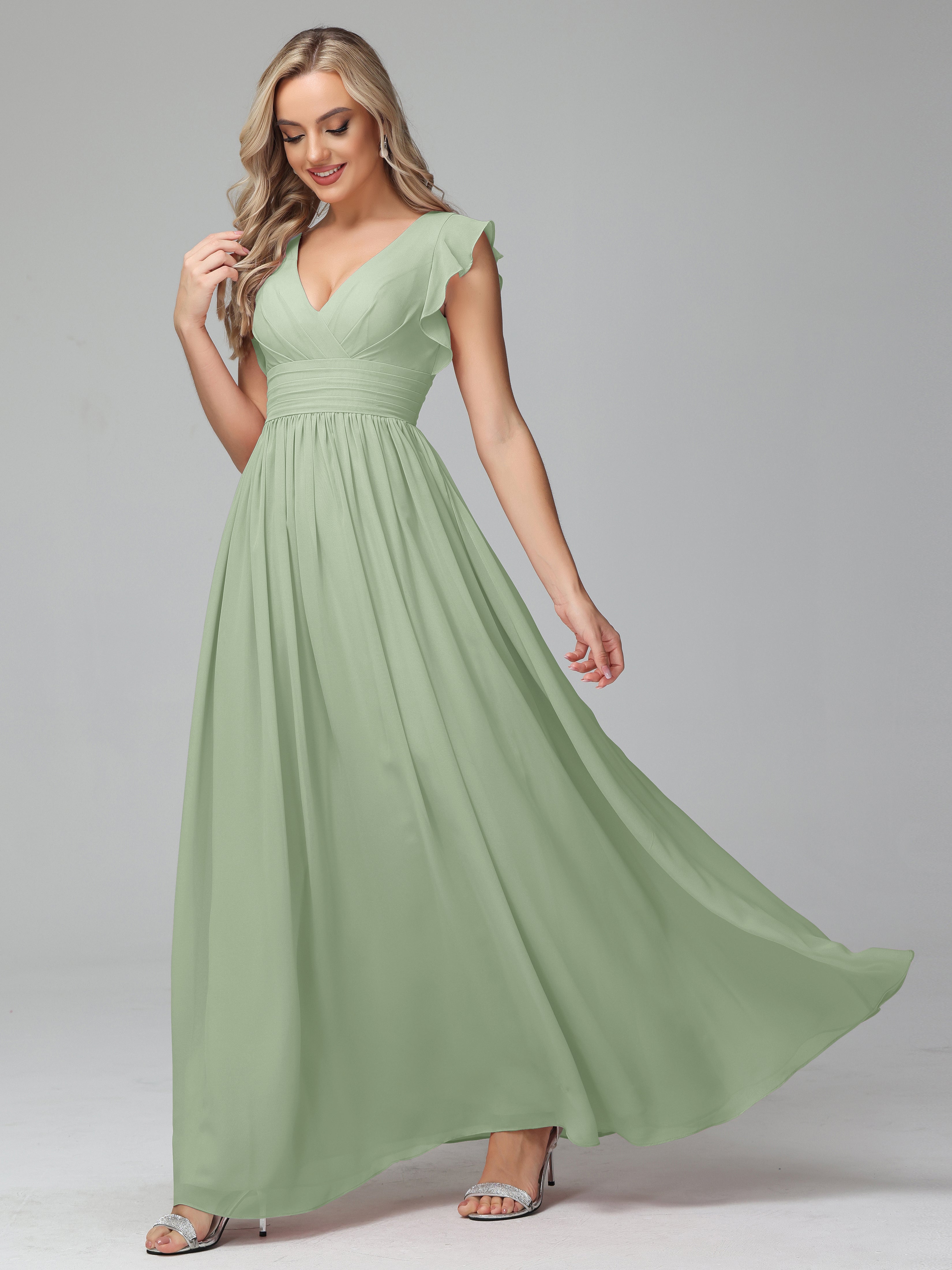 Bonnie Trapèze Mousseline Longue Robes Demoiselle d'Honneur en SAUGE_POUDREE