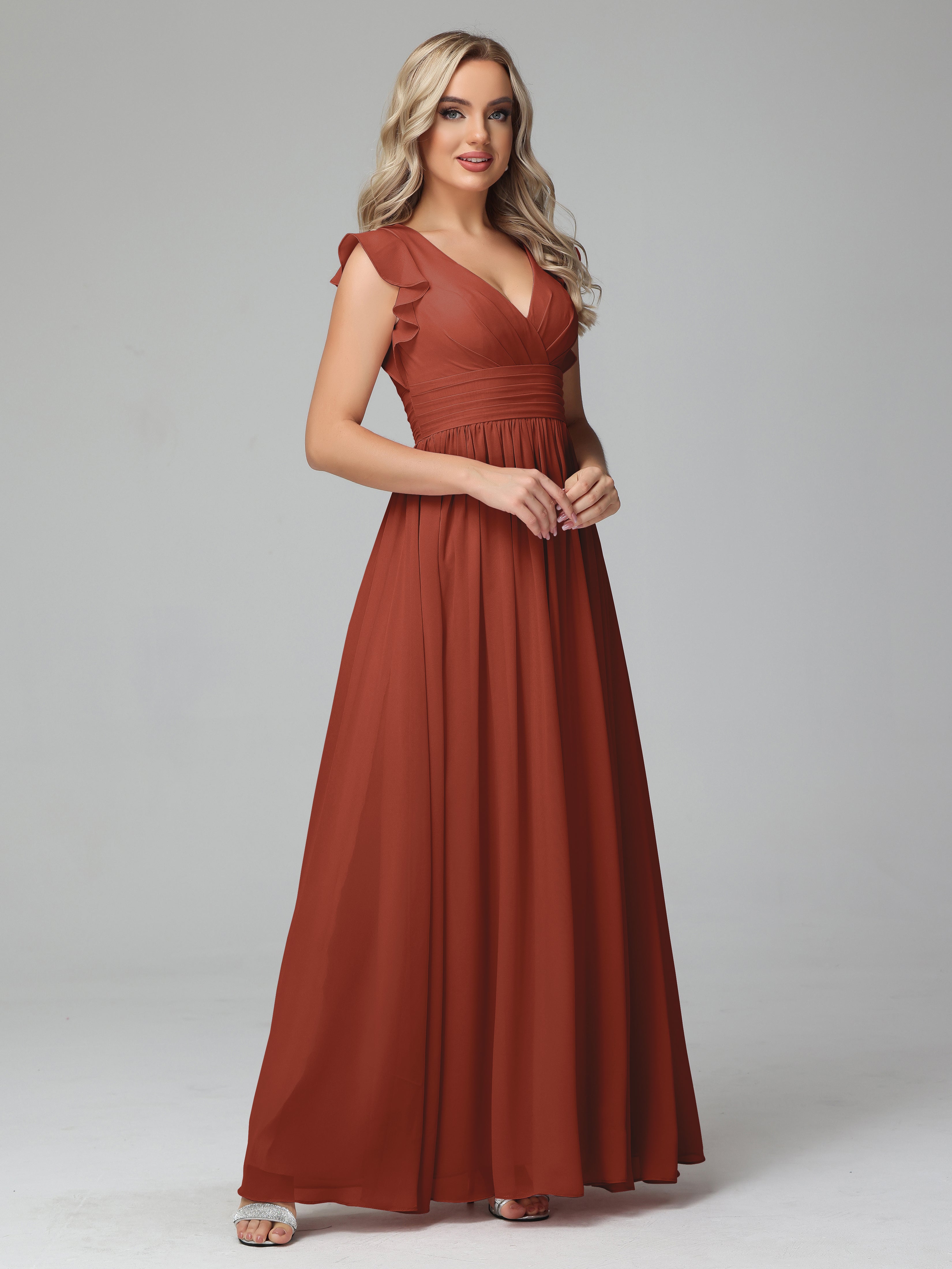 Bonnie Trapèze Mousseline Longue Robes Demoiselle d'Honneur en ROUILLE