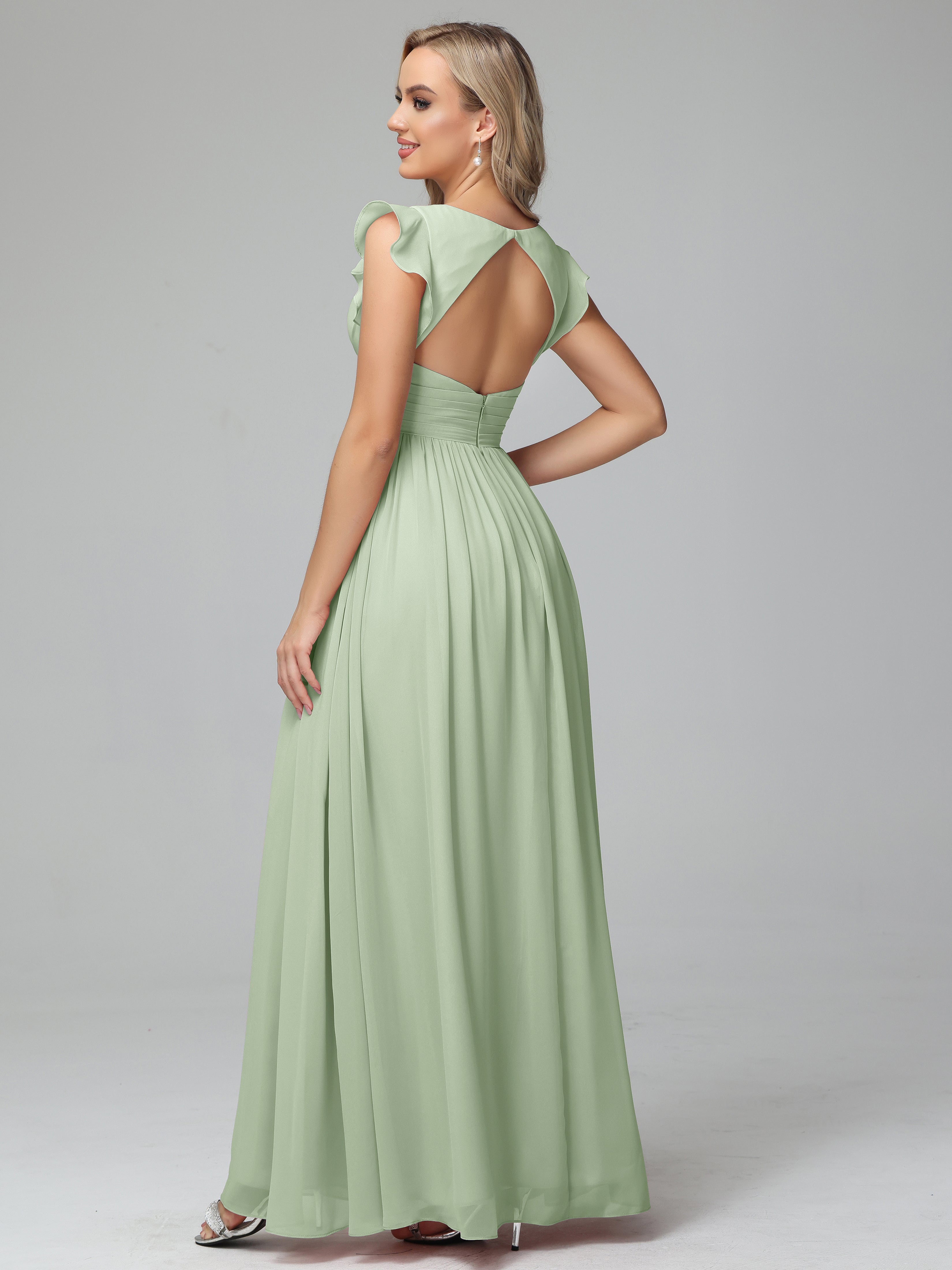Bonnie Trapèze Mousseline Longue Robes Demoiselle d'Honneur en SAUGE_POUDREE