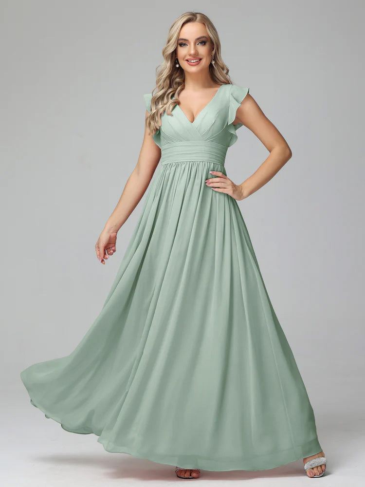 Robes De Demoiselle D'Honneur Celadon Trapèze Mousseline Longue Robes Demoiselle D'Honneur