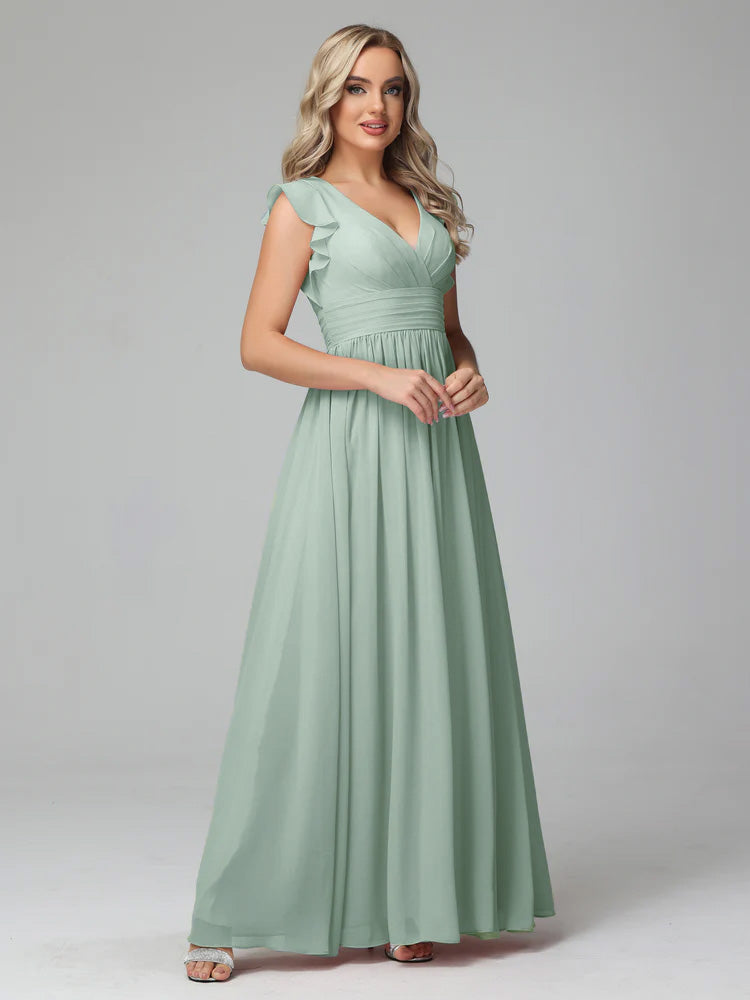 Robes De Demoiselle D'Honneur Celadon Trapèze Mousseline Longue Robes Demoiselle D'Honneur