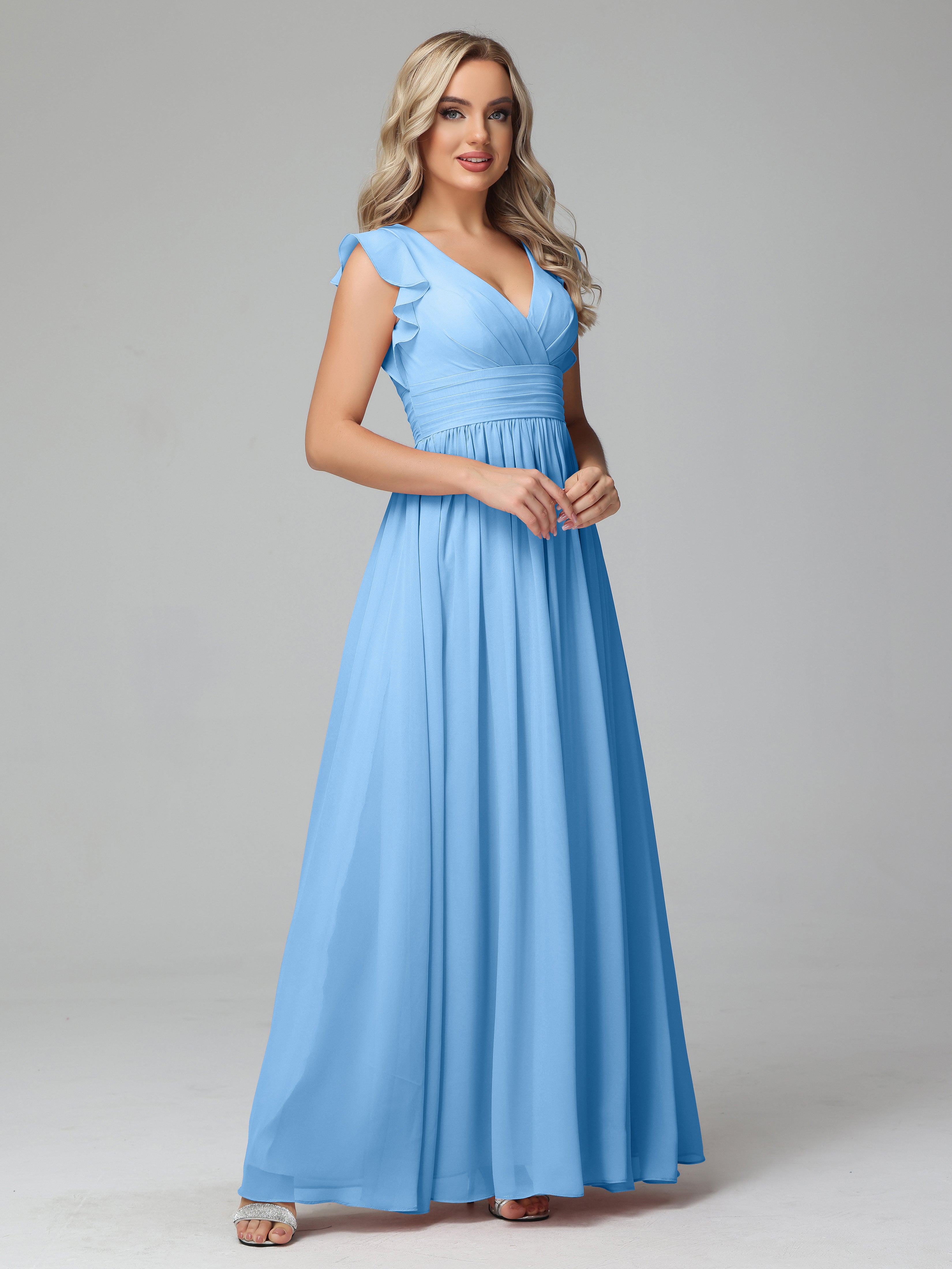 Robe Demoiselle D Honneur Bleu Trapèze Mousseline Longue Robes Demoiselle D'Honneur