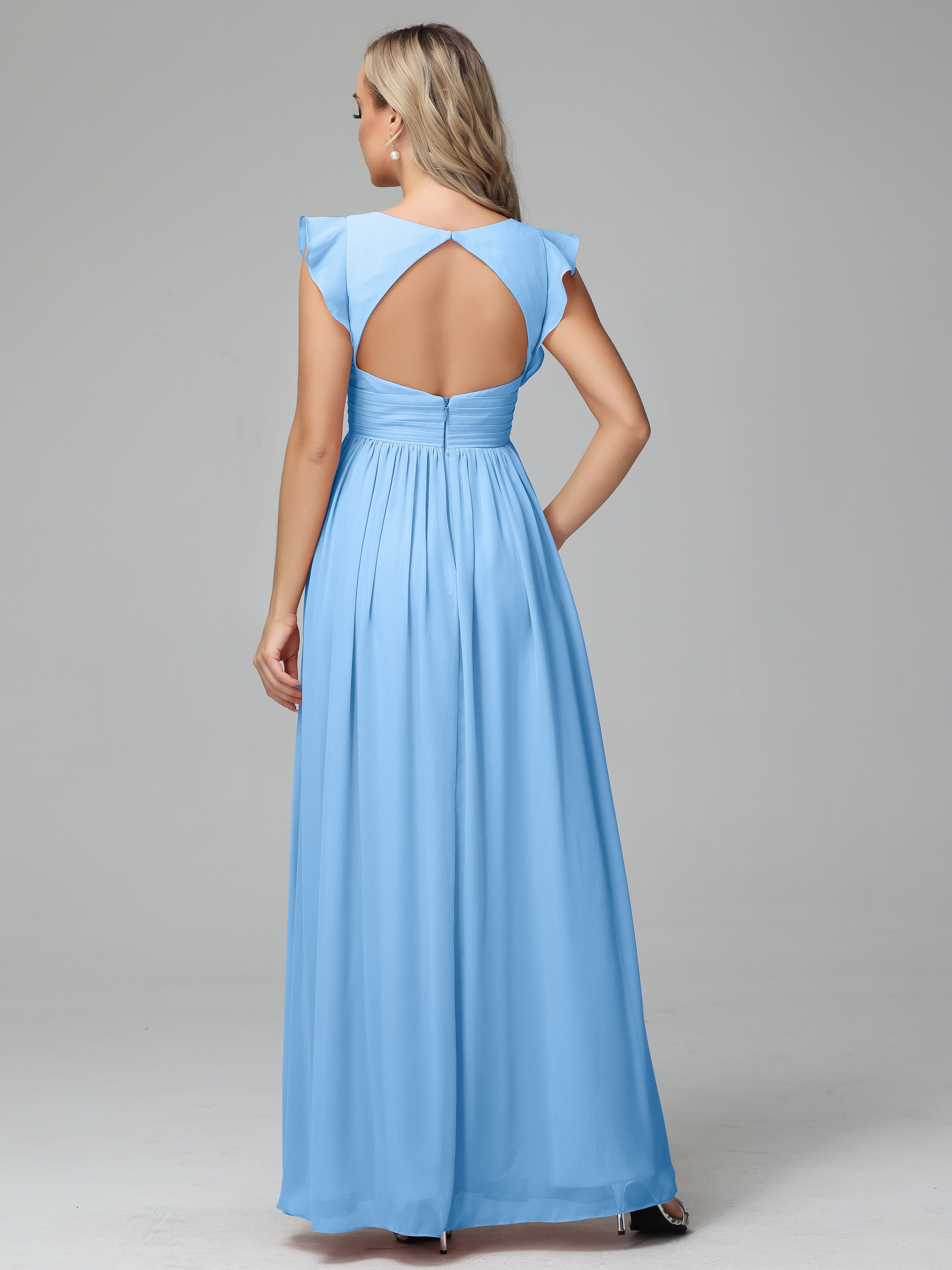 Robe Demoiselle D Honneur Bleu Trapèze Mousseline Longue Robes Demoiselle D'Honneur