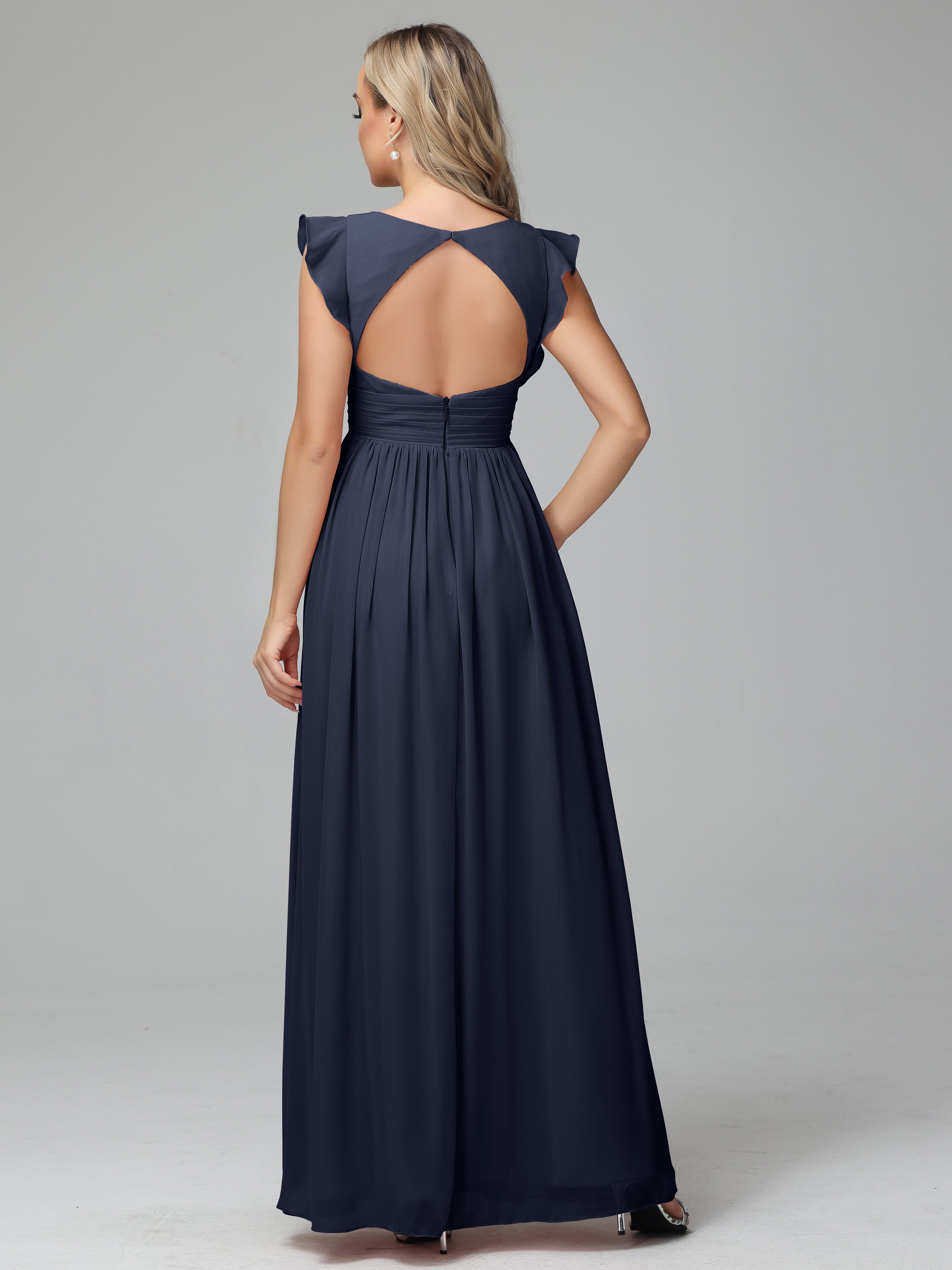 Robes De Demoiselle D'Honneur Bleu Marine Modestes Trapèze Mousseline Longue Robes Demoiselle D'Honneur