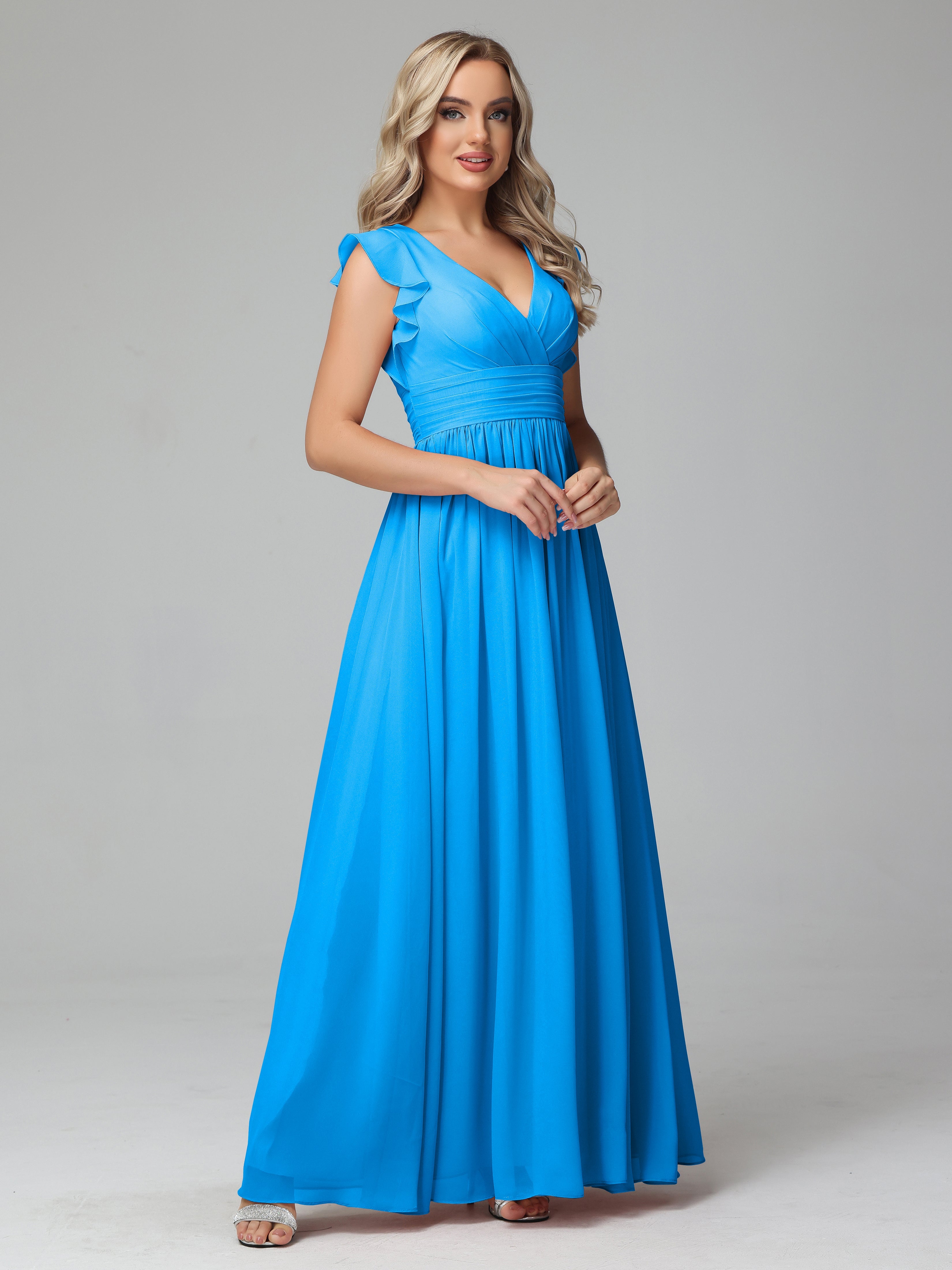 Robes De Demoiselle D'Honneur Bleu Océan Trapèze Mousseline Longue Robes Demoiselle D'Honneur