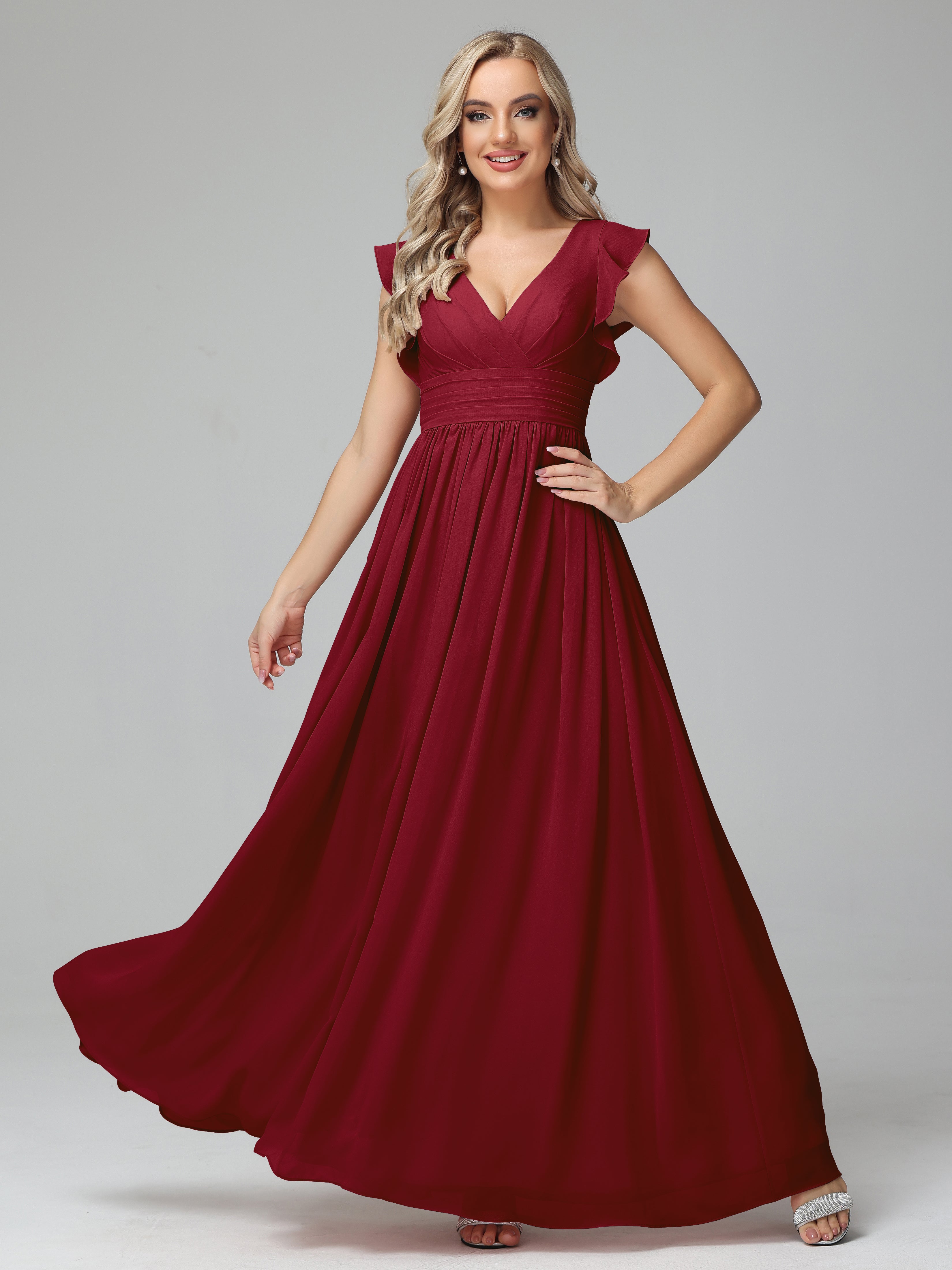 Robes De Demoiselle D'Honneur Bordeaux Longues Trapèze Mousseline Robes Demoiselle D'Honneur