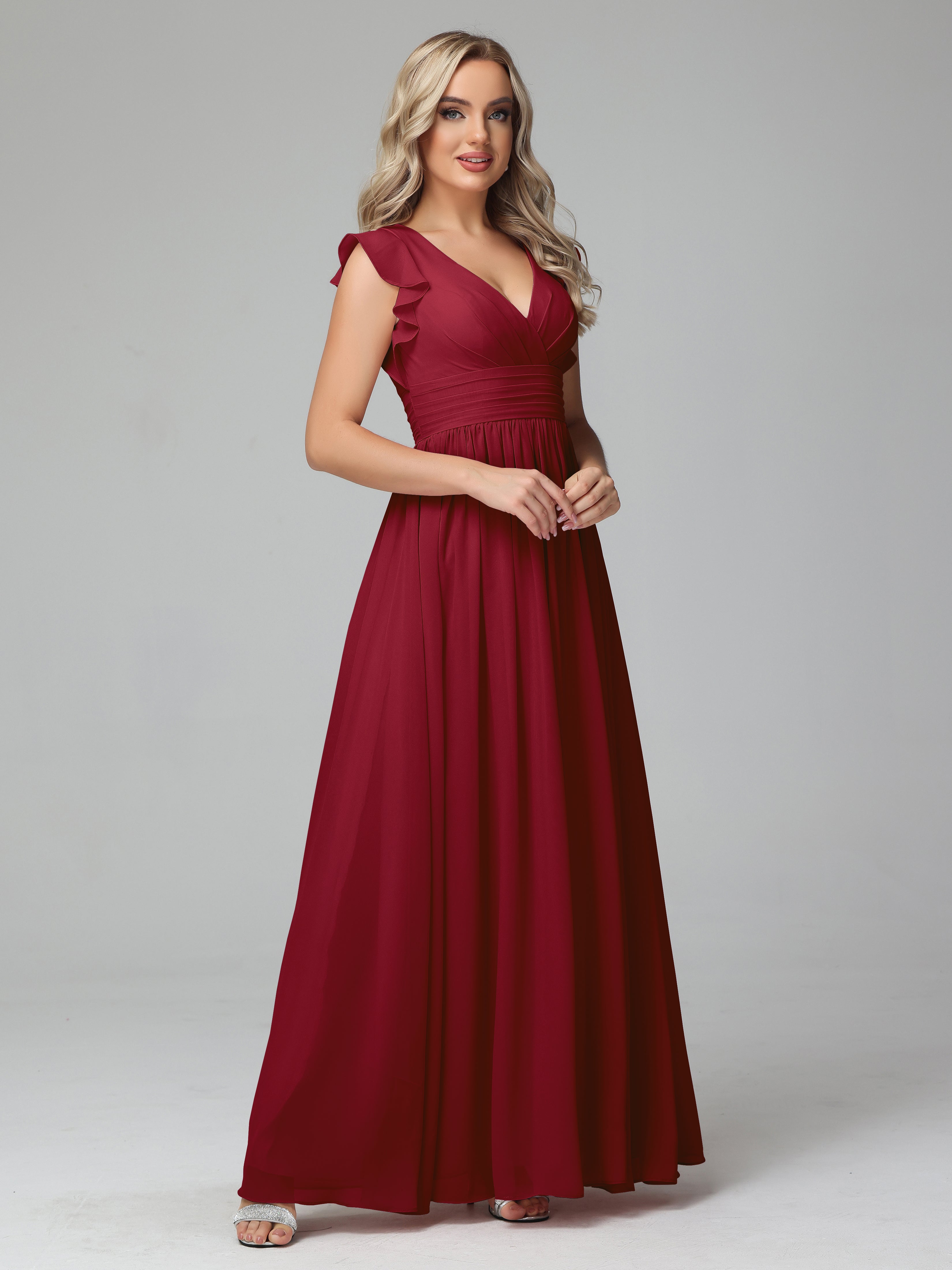 Robes De Demoiselle D'Honneur Bordeaux Longues Trapèze Mousseline Robes Demoiselle D'Honneur
