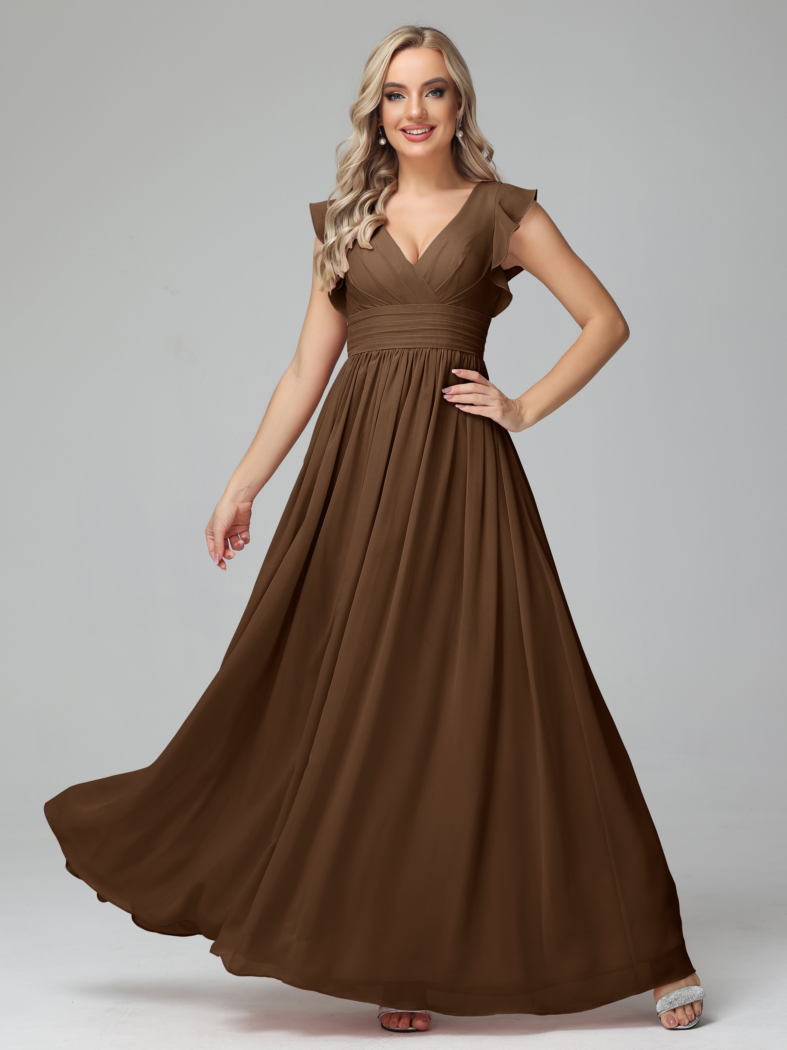Robes De Demoiselle D'Honneur Brun Trapèze Mousseline Longue Robes Demoiselle D'Honneur