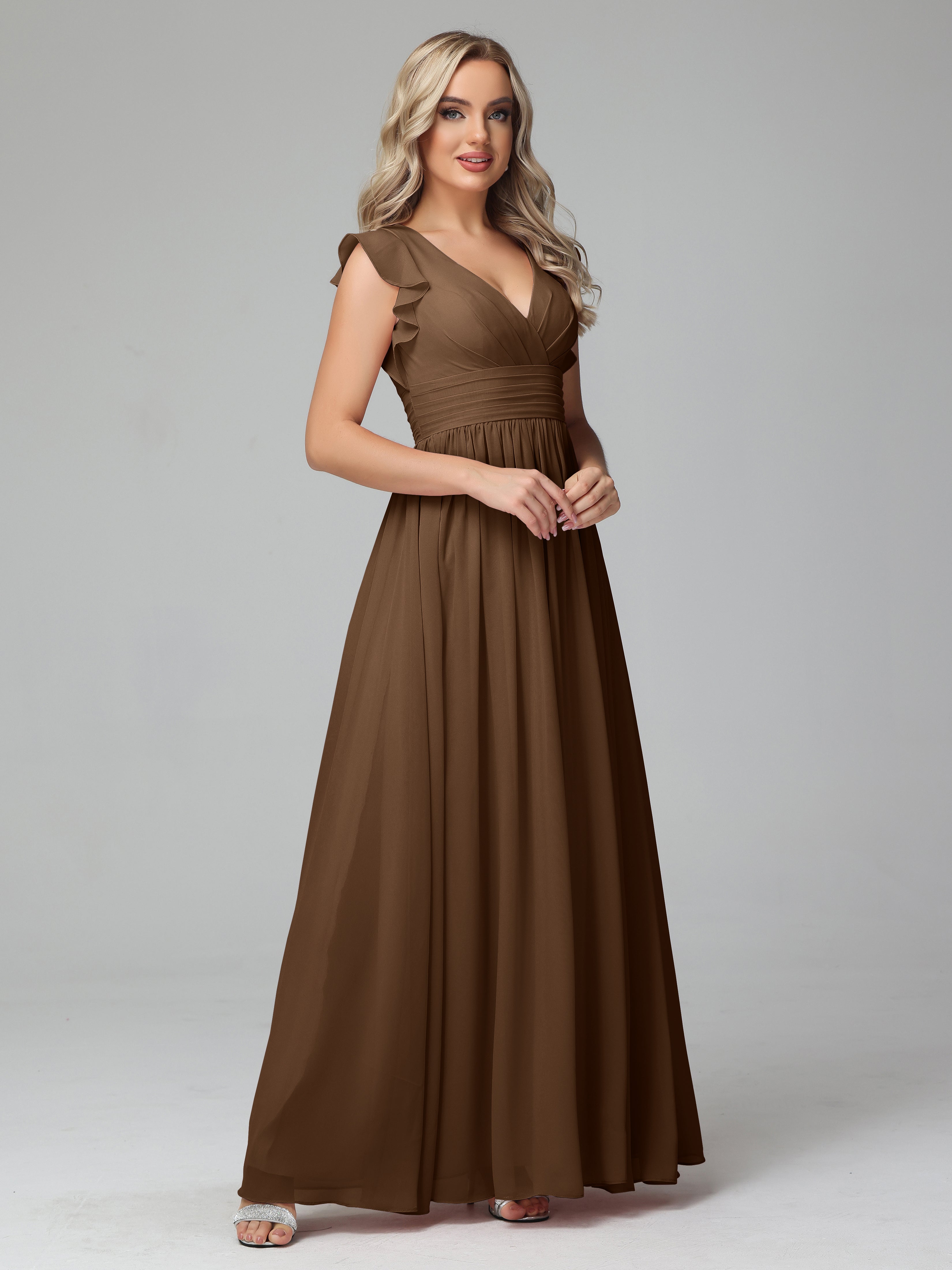 Robes De Demoiselle D'Honneur Brun Trapèze Mousseline Longue Robes Demoiselle D'Honneur