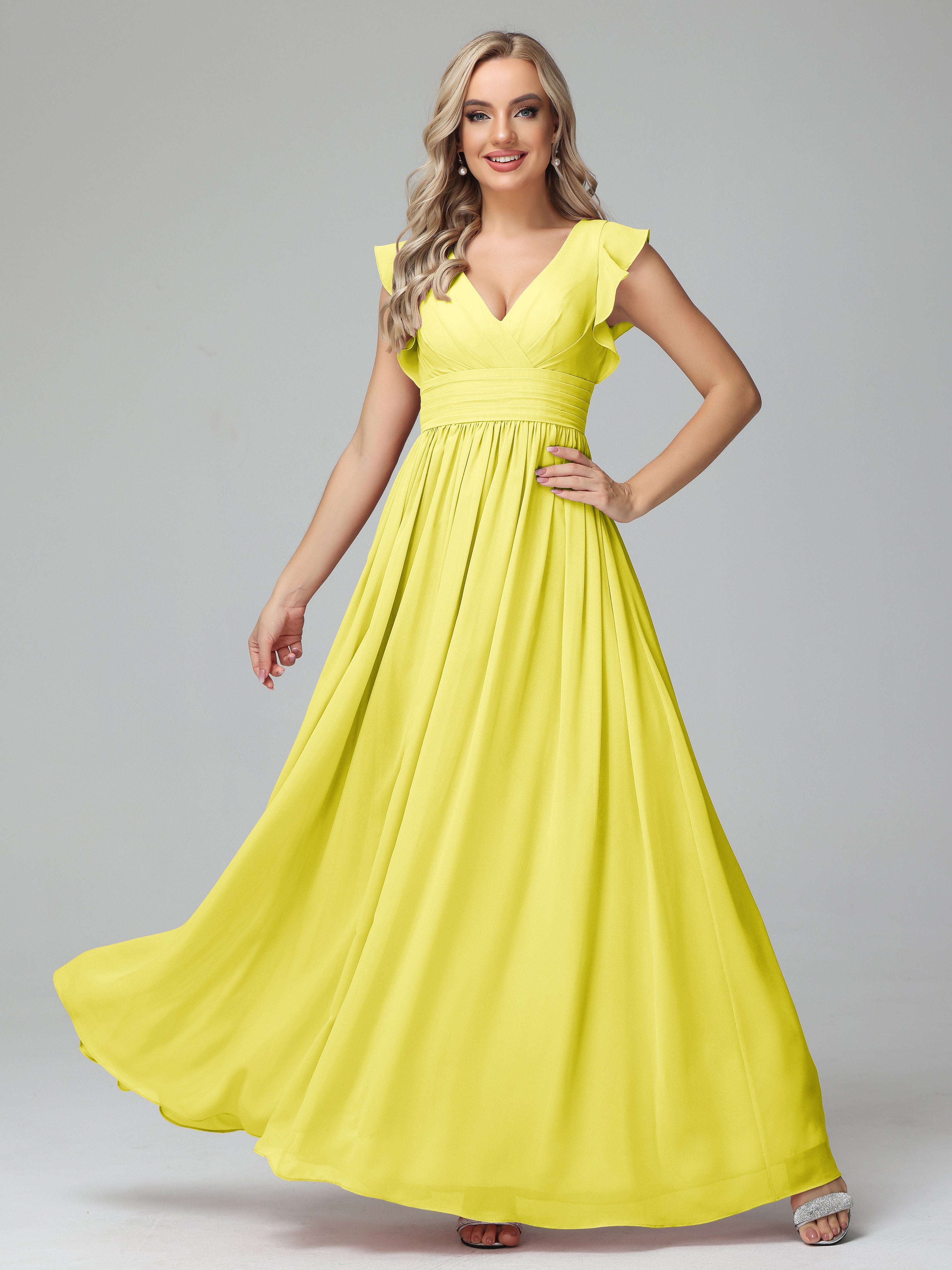 Robes De Demoiselle D'Honneur Citron Trapèze Mousseline Longue Robes Demoiselle D'Honneur