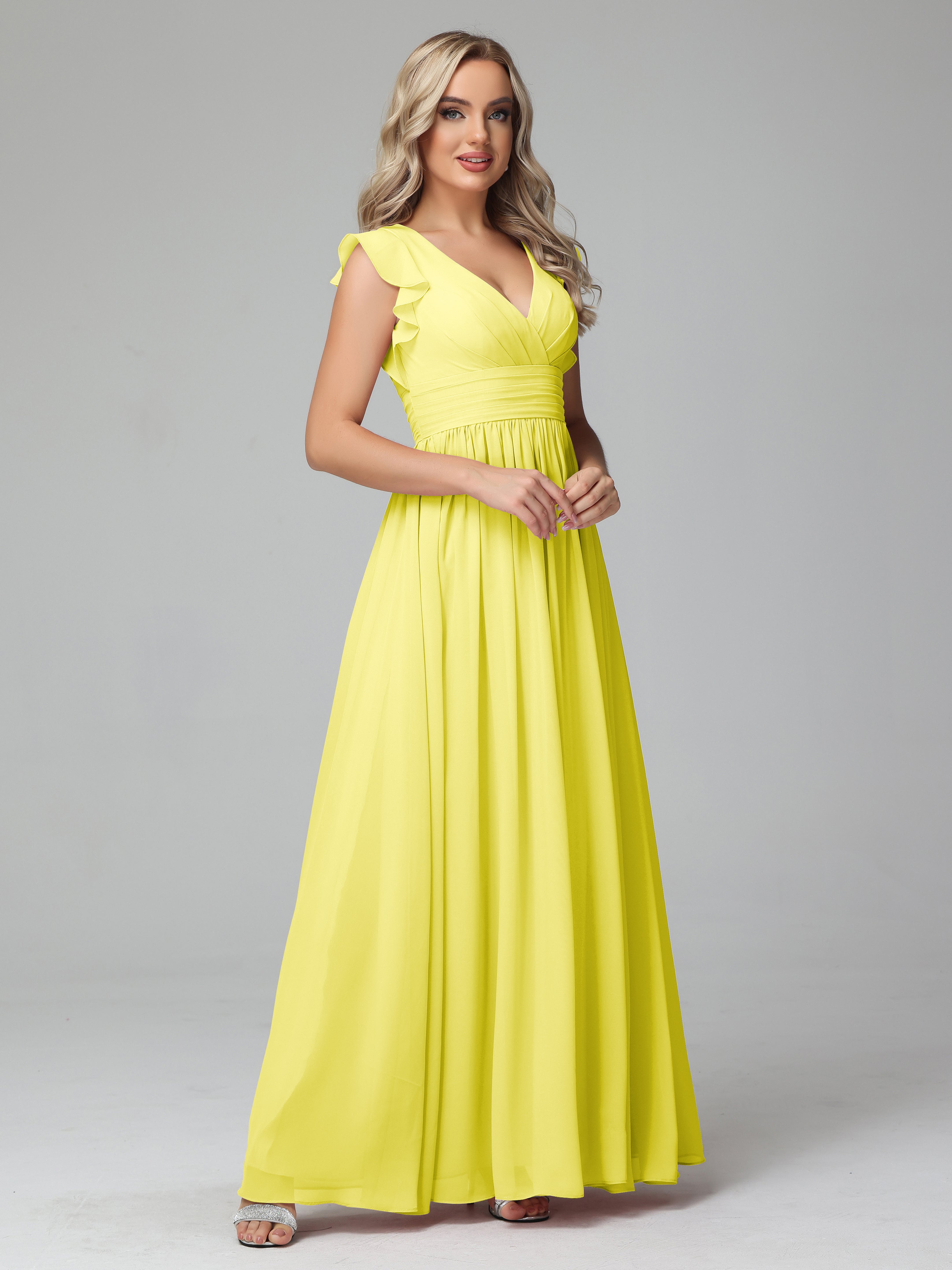 Robes De Demoiselle D'Honneur Citron Trapèze Mousseline Longue Robes Demoiselle D'Honneur
