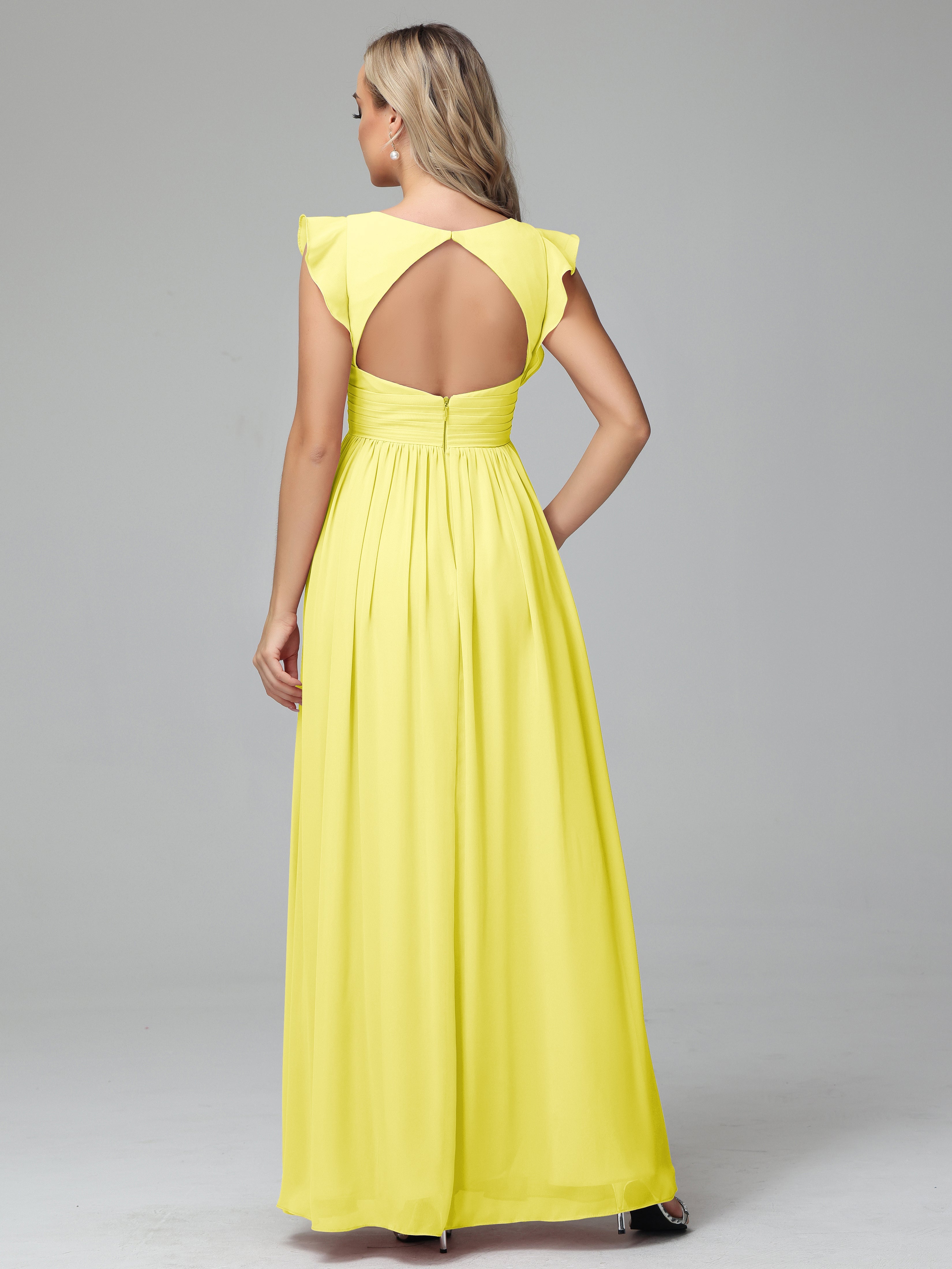 Robes De Demoiselle D'Honneur Citron Trapèze Mousseline Longue Robes Demoiselle D'Honneur