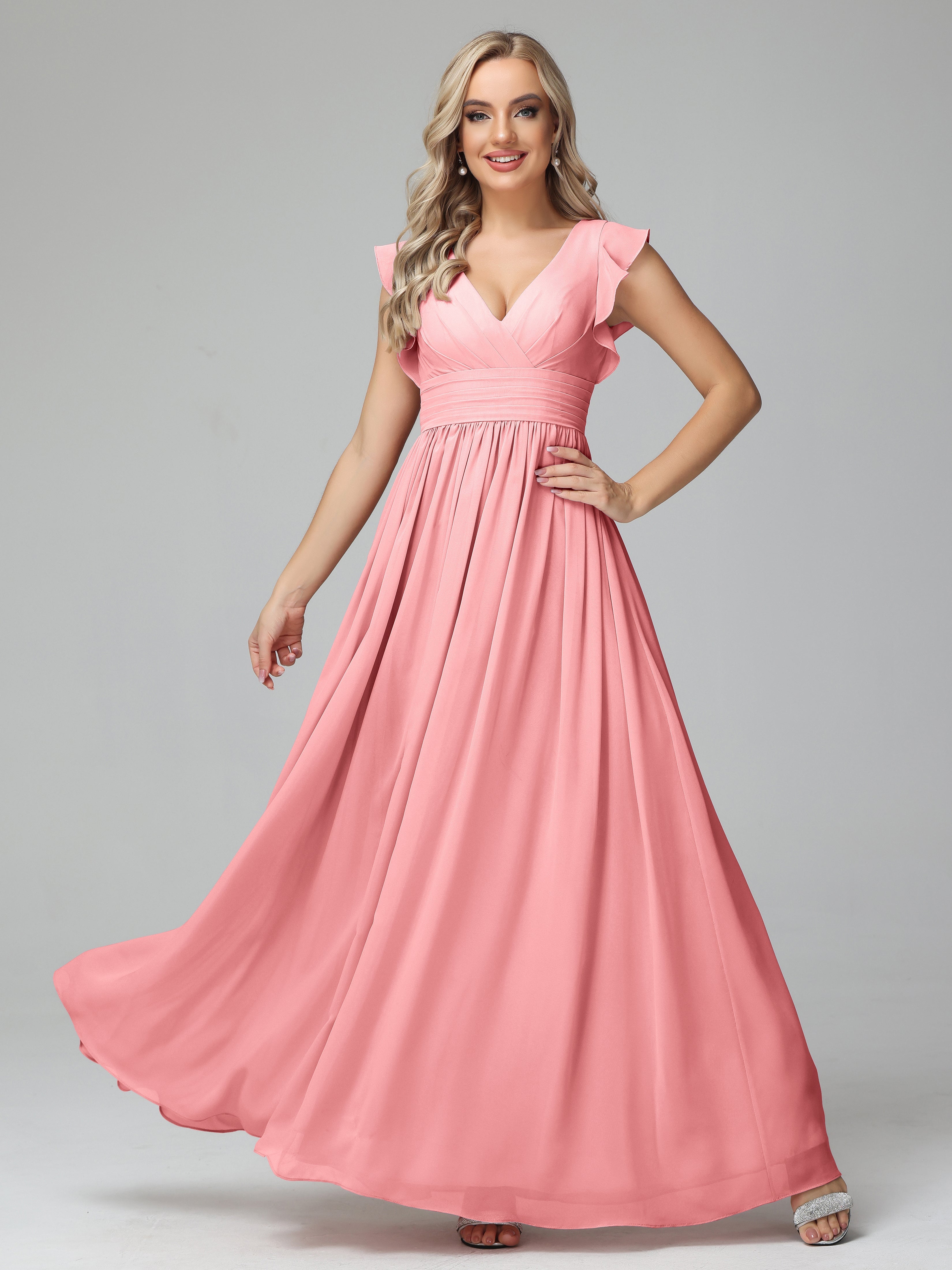 Robes De Demoiselle D'Honneur En Flamant Trapèze Mousseline Longue Robes Demoiselle D'Honneur