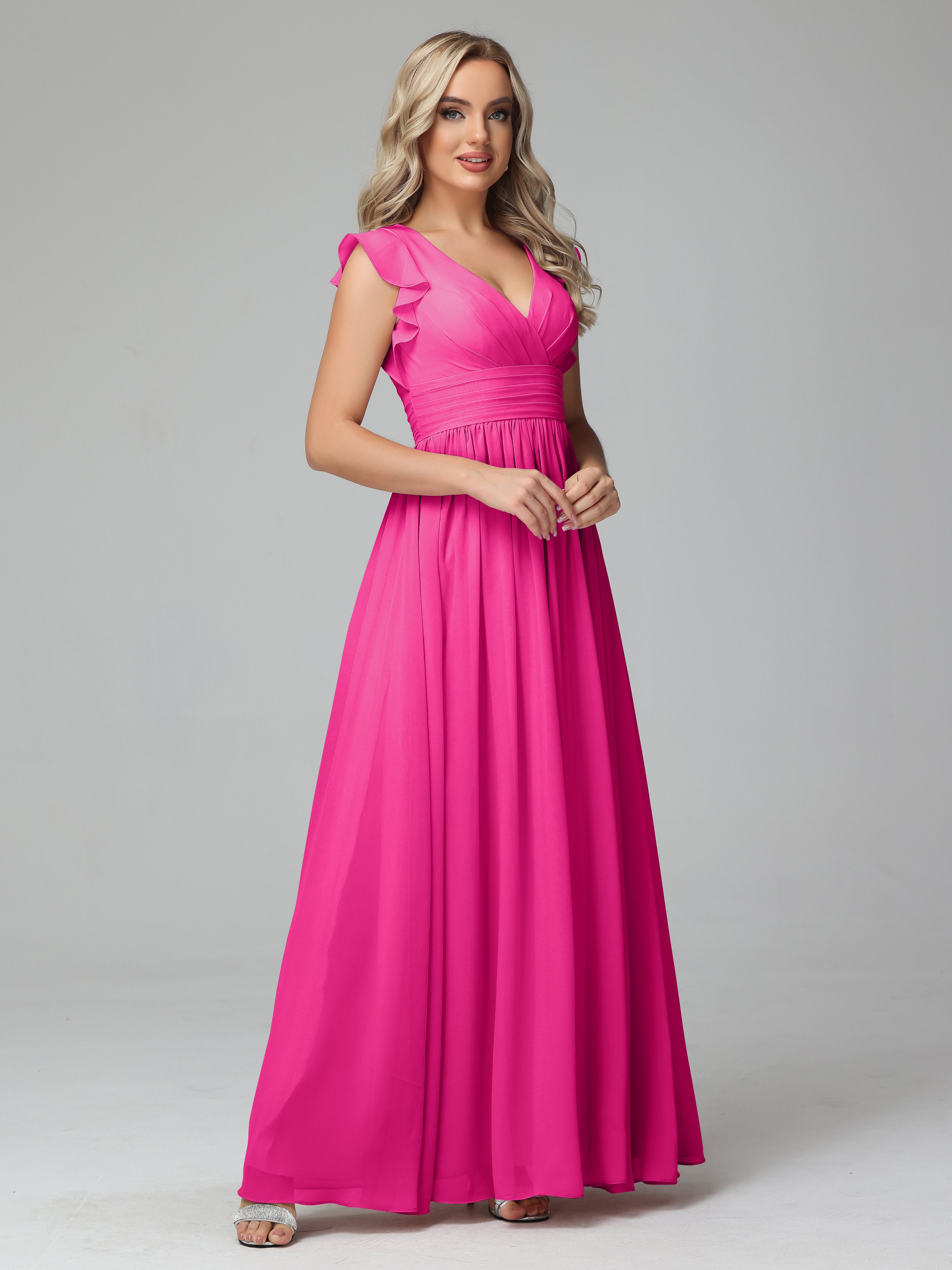 Robes De Demoiselle D'Honneur Rose Fuchsia Trapèze Mousseline Longue Robes Demoiselle D'Honneur