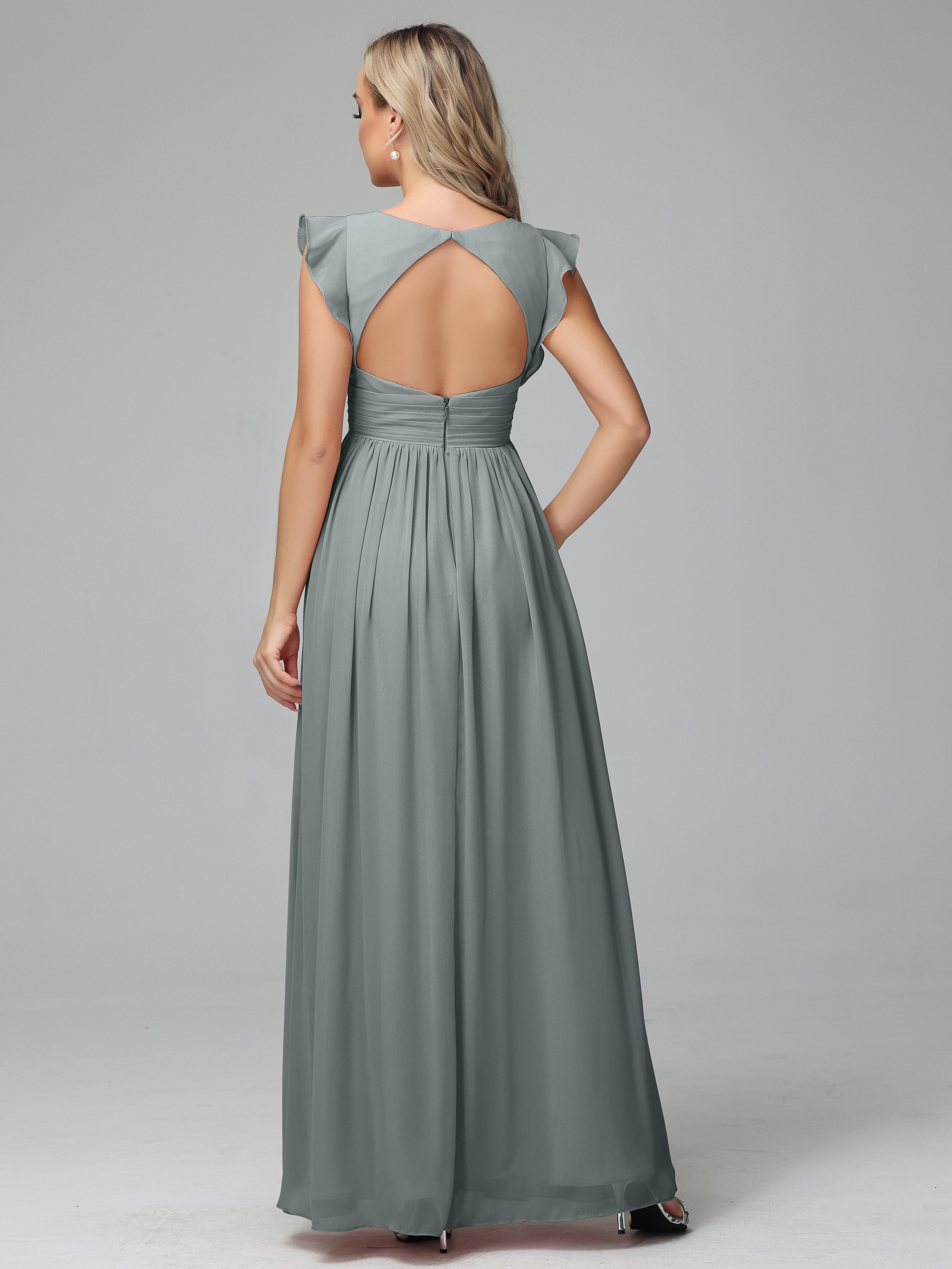 Robes De Demoiselle D'Honneur Gris Argenté Trapèze Mousseline Longue Robes Demoiselle D'Honneur
