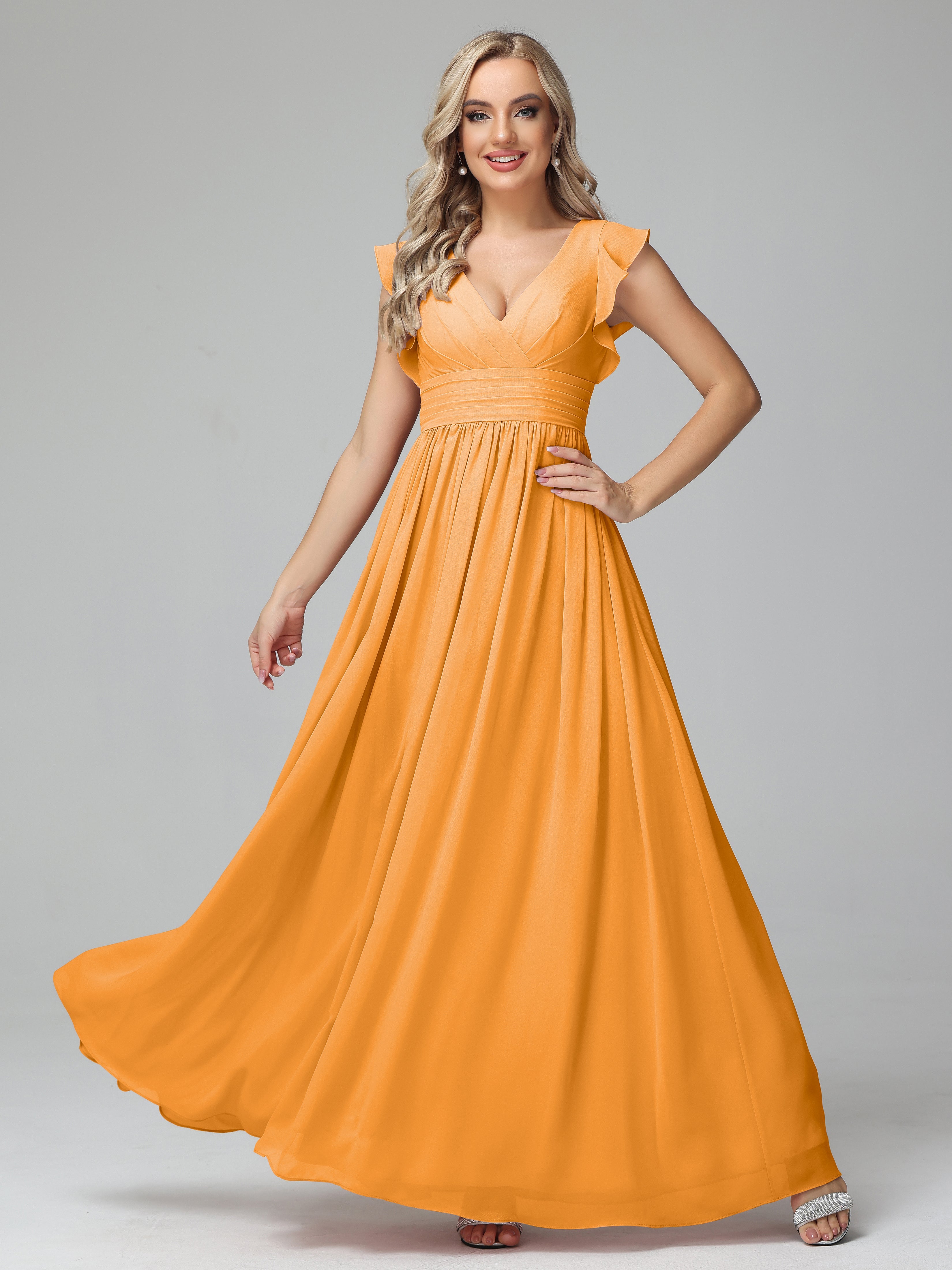 Robes De Demoiselle D'Honneur Mandarine Trapèze Mousseline Longue Robes Demoiselle D'Honneur