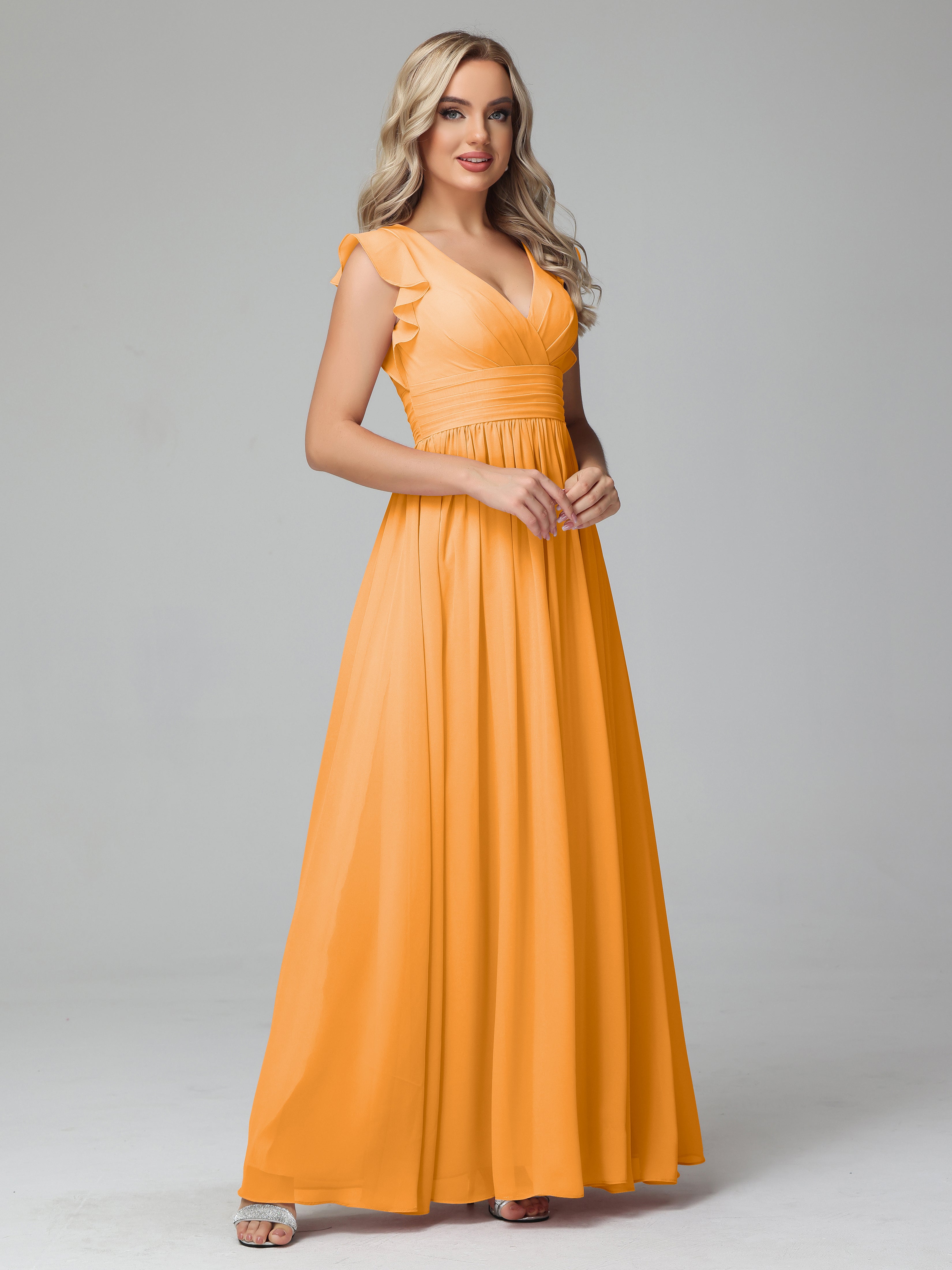 Robes De Demoiselle D'Honneur Mandarine Trapèze Mousseline Longue Robes Demoiselle D'Honneur
