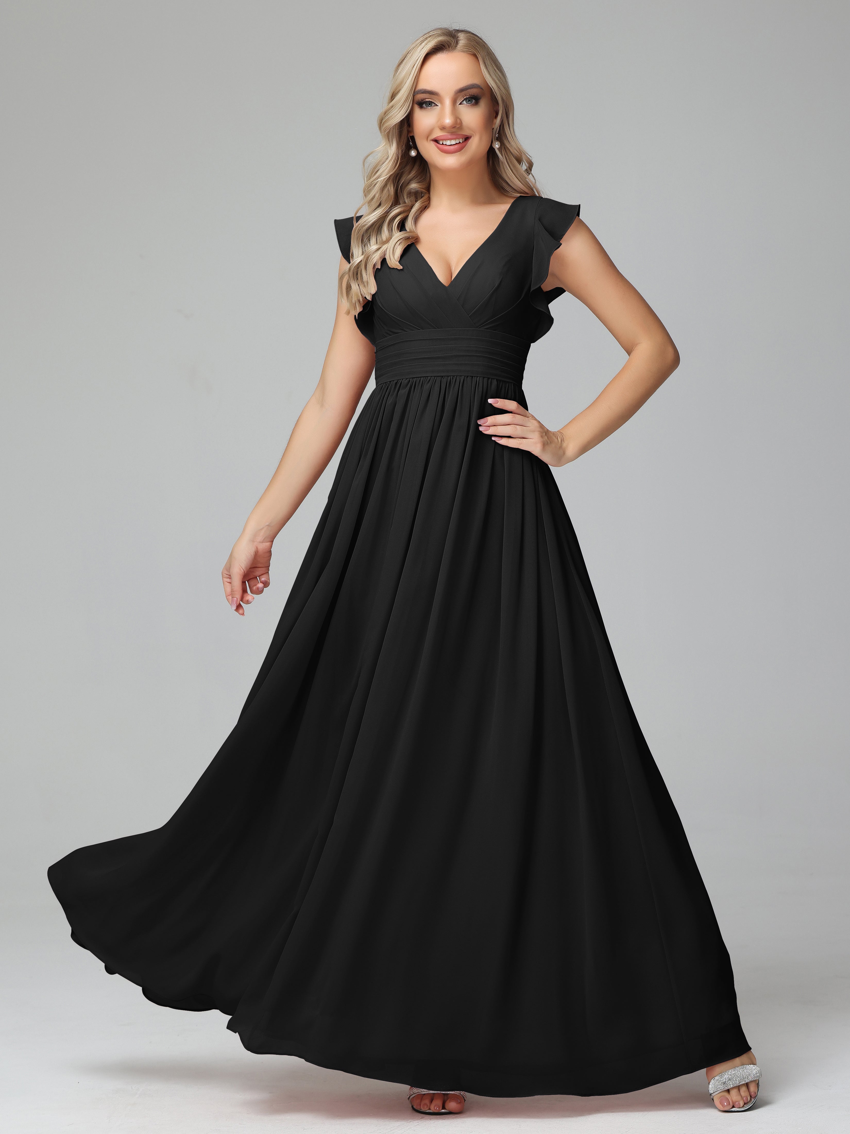 Robes De Demoiselle D'Honneur Noires Bon Marché Trapèze Mousseline Longue Robes Demoiselle D'Honneur