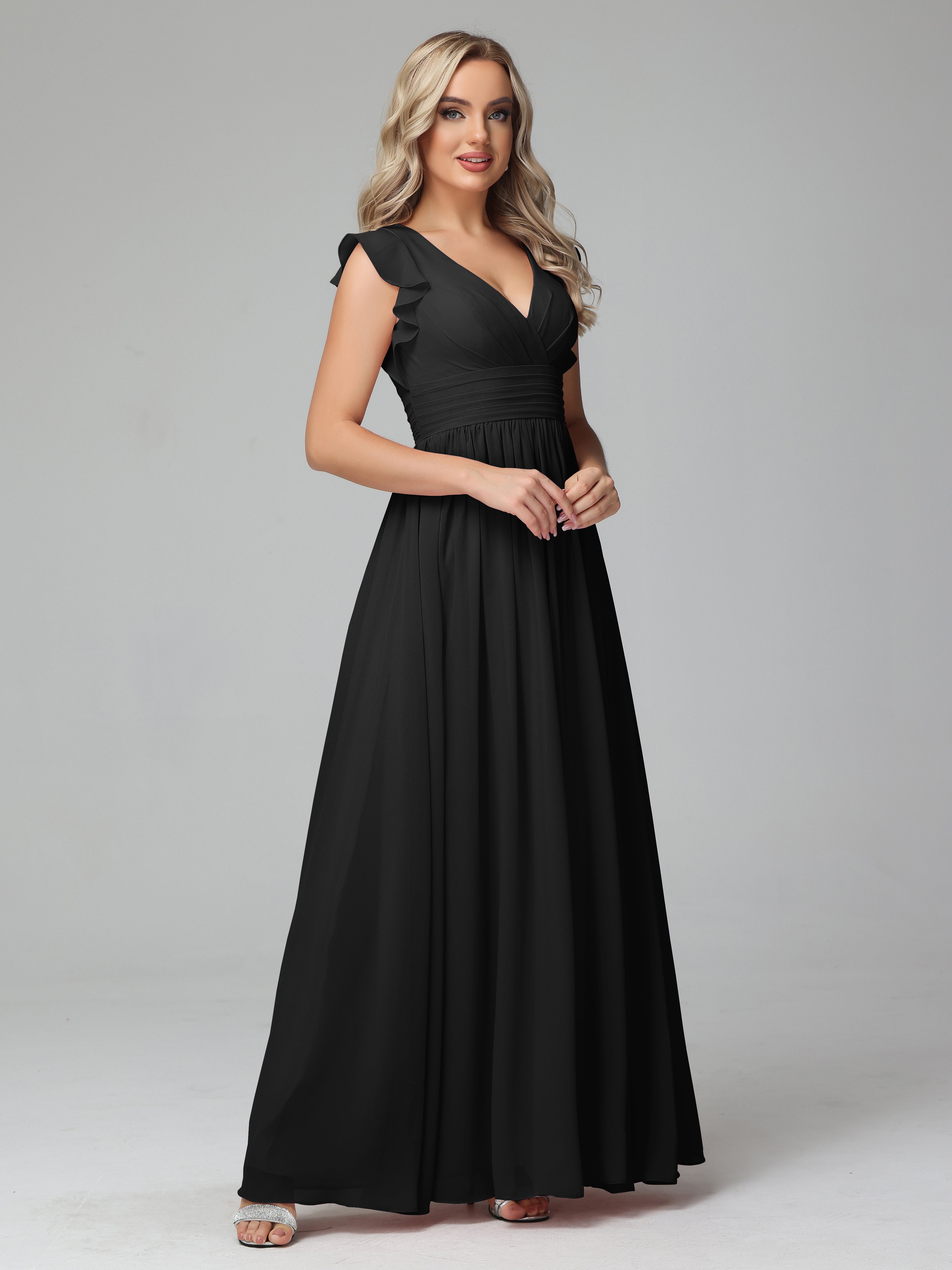 Robes De Demoiselle D'Honneur Noires Bon Marché Trapèze Mousseline Longue Robes Demoiselle D'Honneur