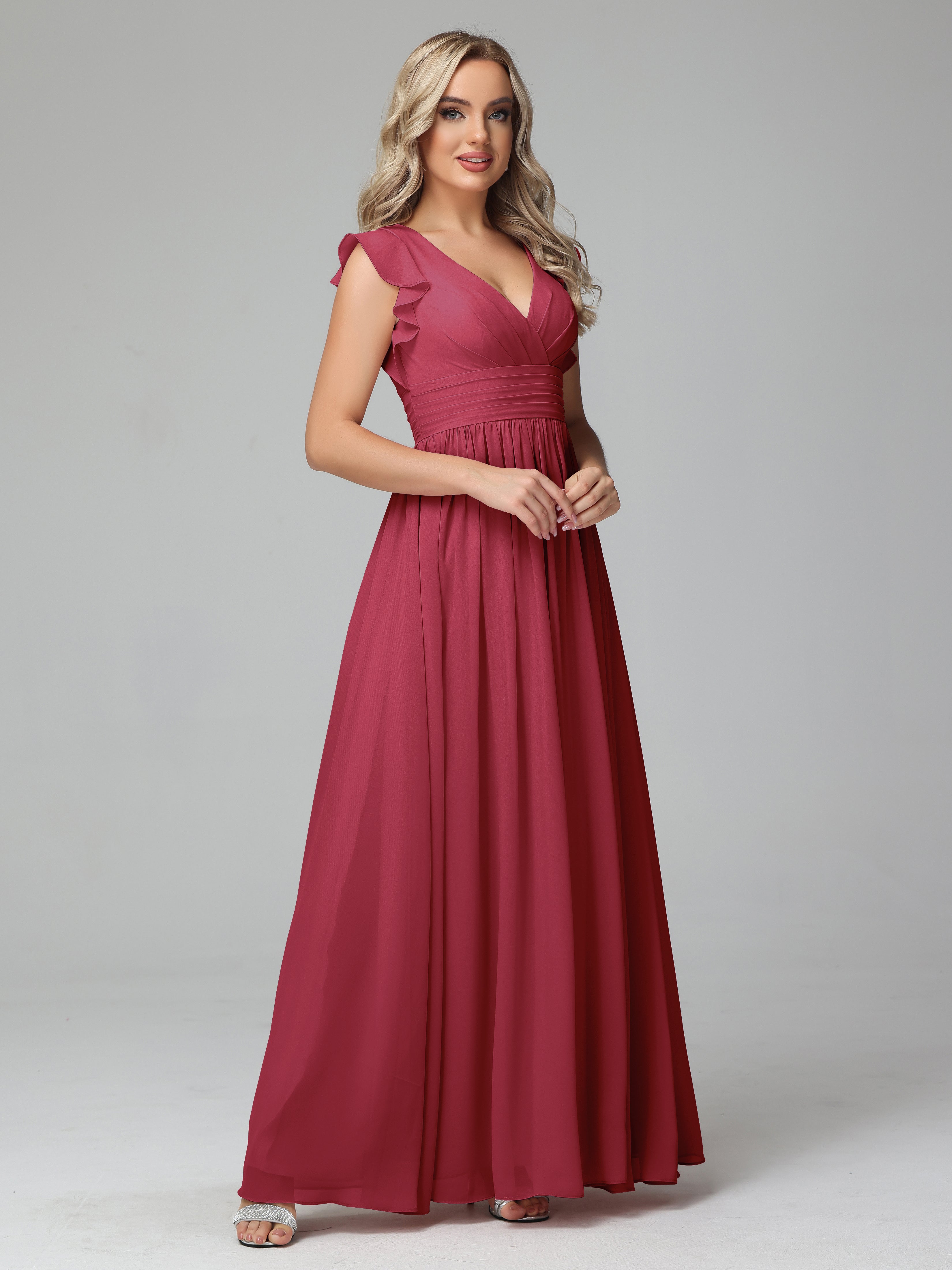 Robes De Demoiselle D'Honneur Rose Cannelle Trapèze Mousseline Longue Robes Demoiselle D'Honneur