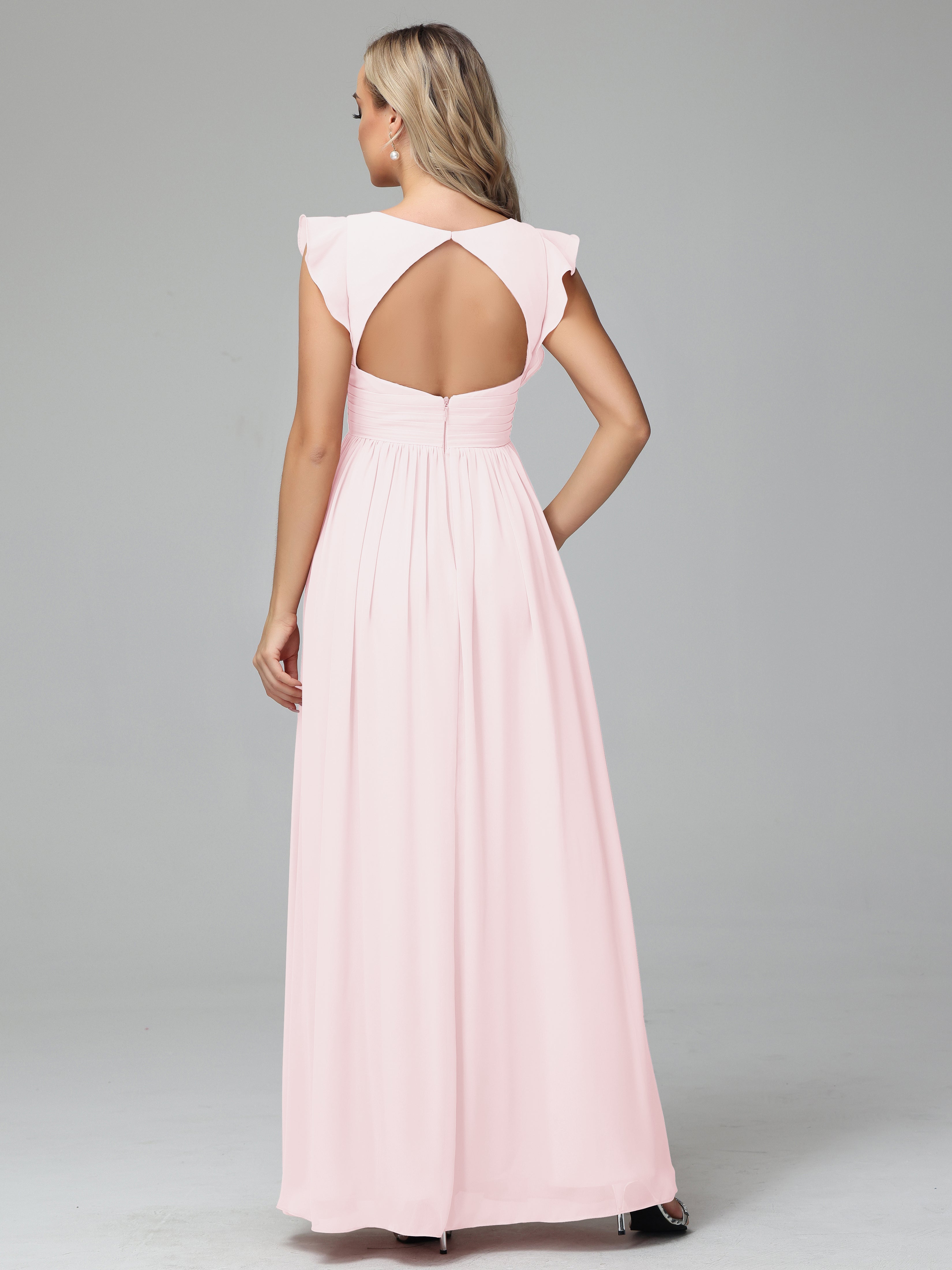 Robes De Demoiselle D'Honneur Rose Pale Trapèze Mousseline Longue Robes Demoiselle D'Honneur