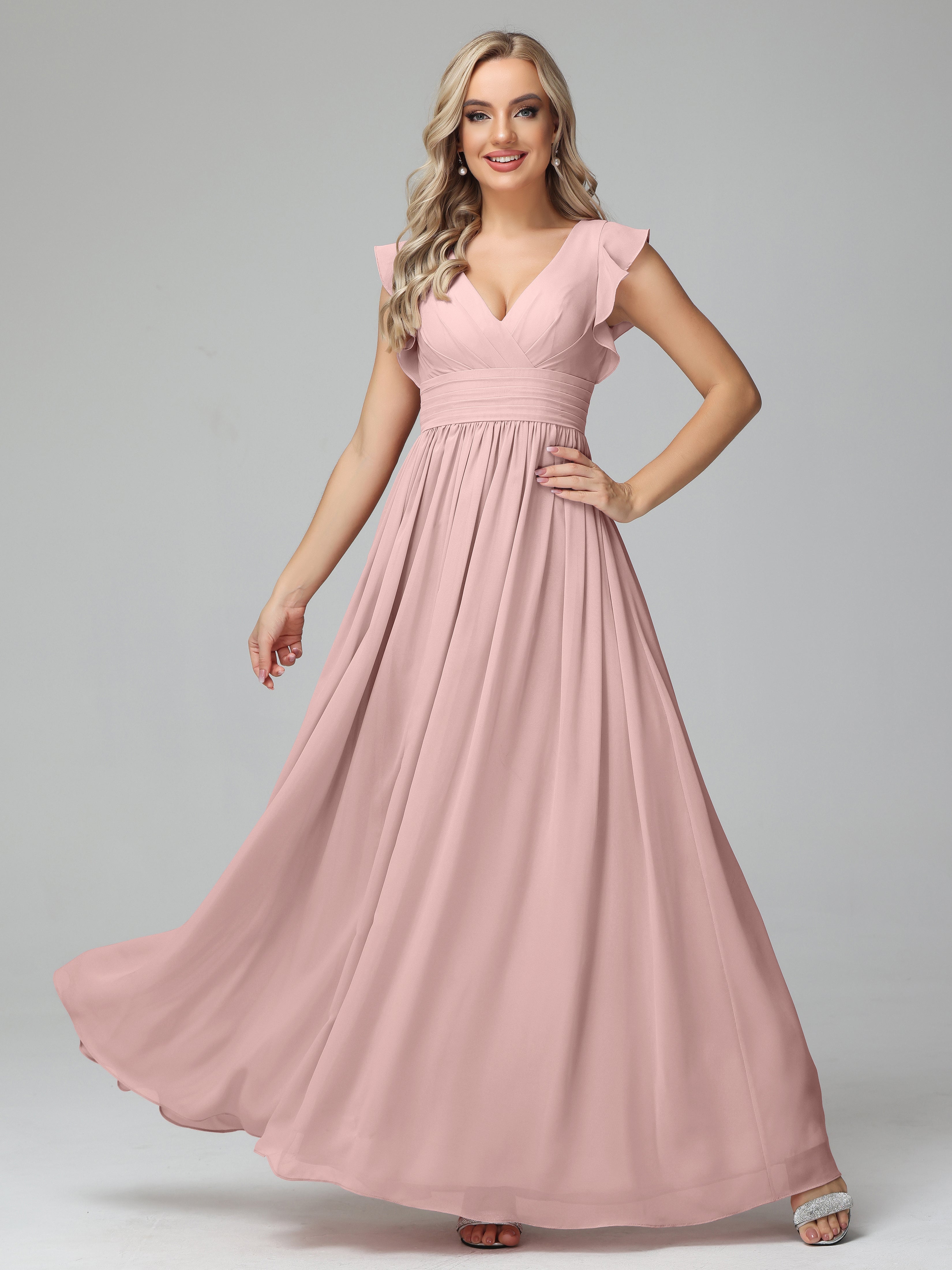 Robes De Demoiselle D'Honneur Rose Poussiéreux Trapèze Mousseline Longue Robes Demoiselle D'Honneur