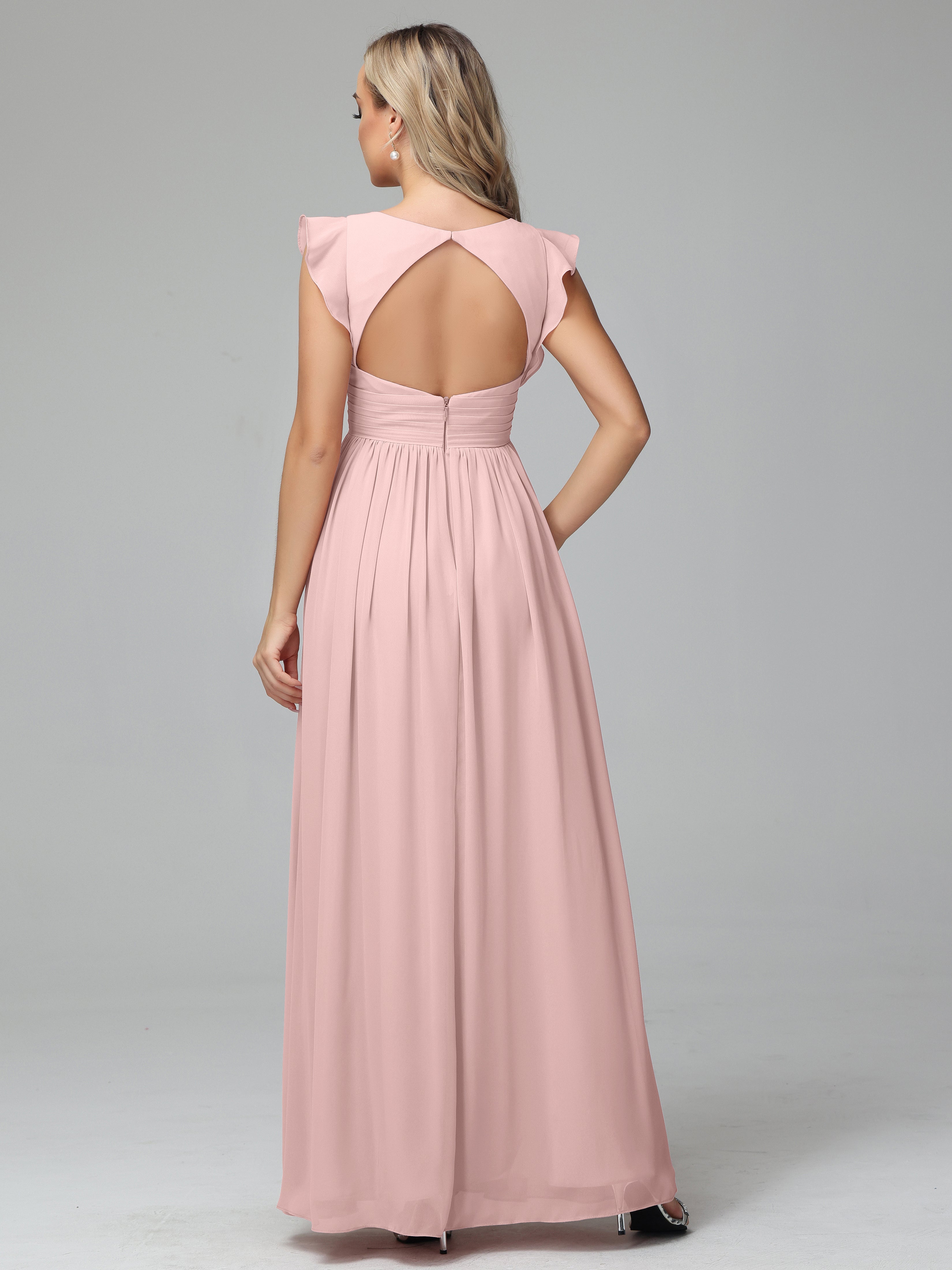 Robes De Demoiselle D'Honneur Rose Poussiéreux Trapèze Mousseline Longue Robes Demoiselle D'Honneur