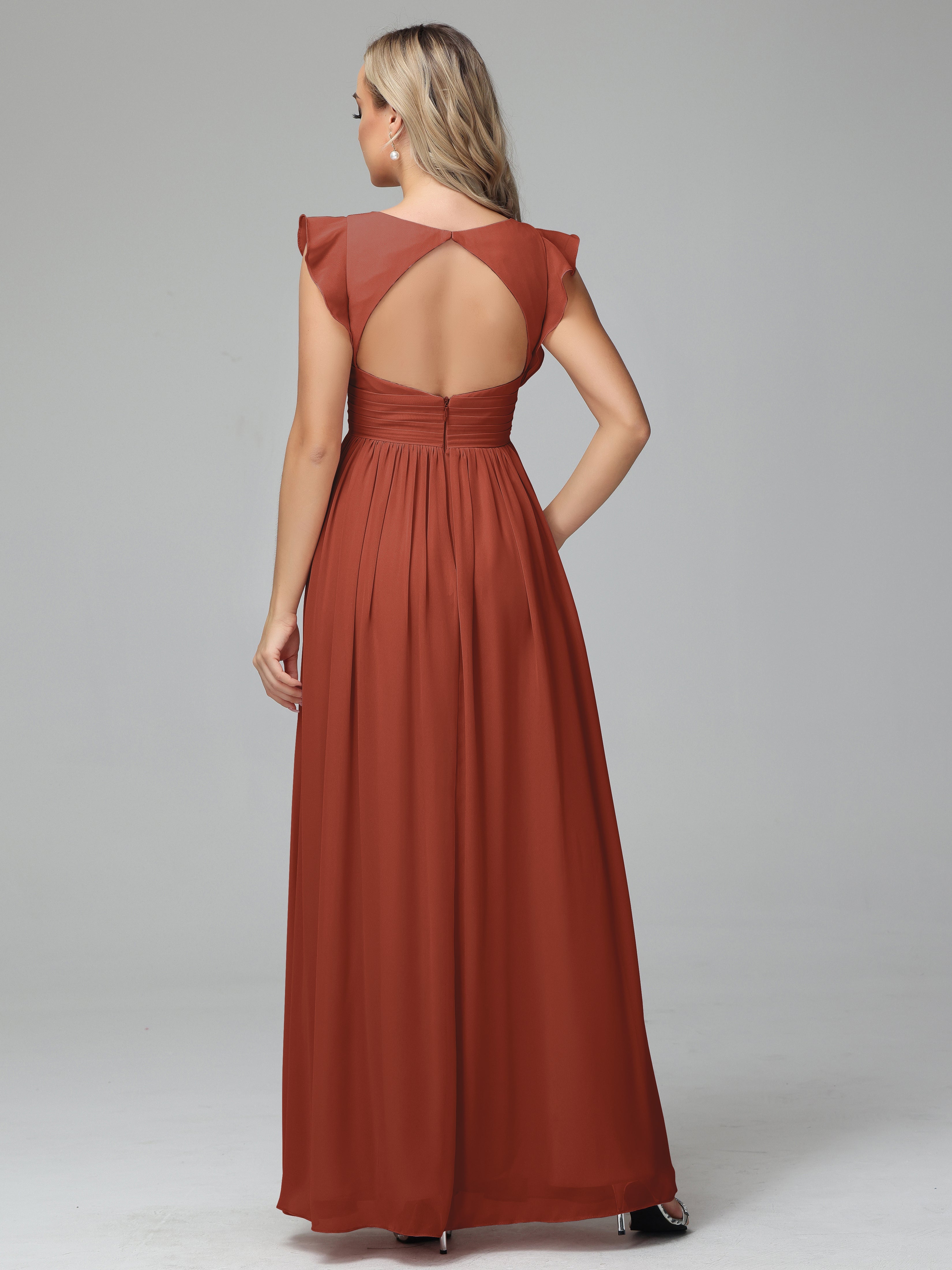 Robe De Demoiselle D'Honneur Rouille Trapèze Mousseline Longue Robes Demoiselle D'Honneur