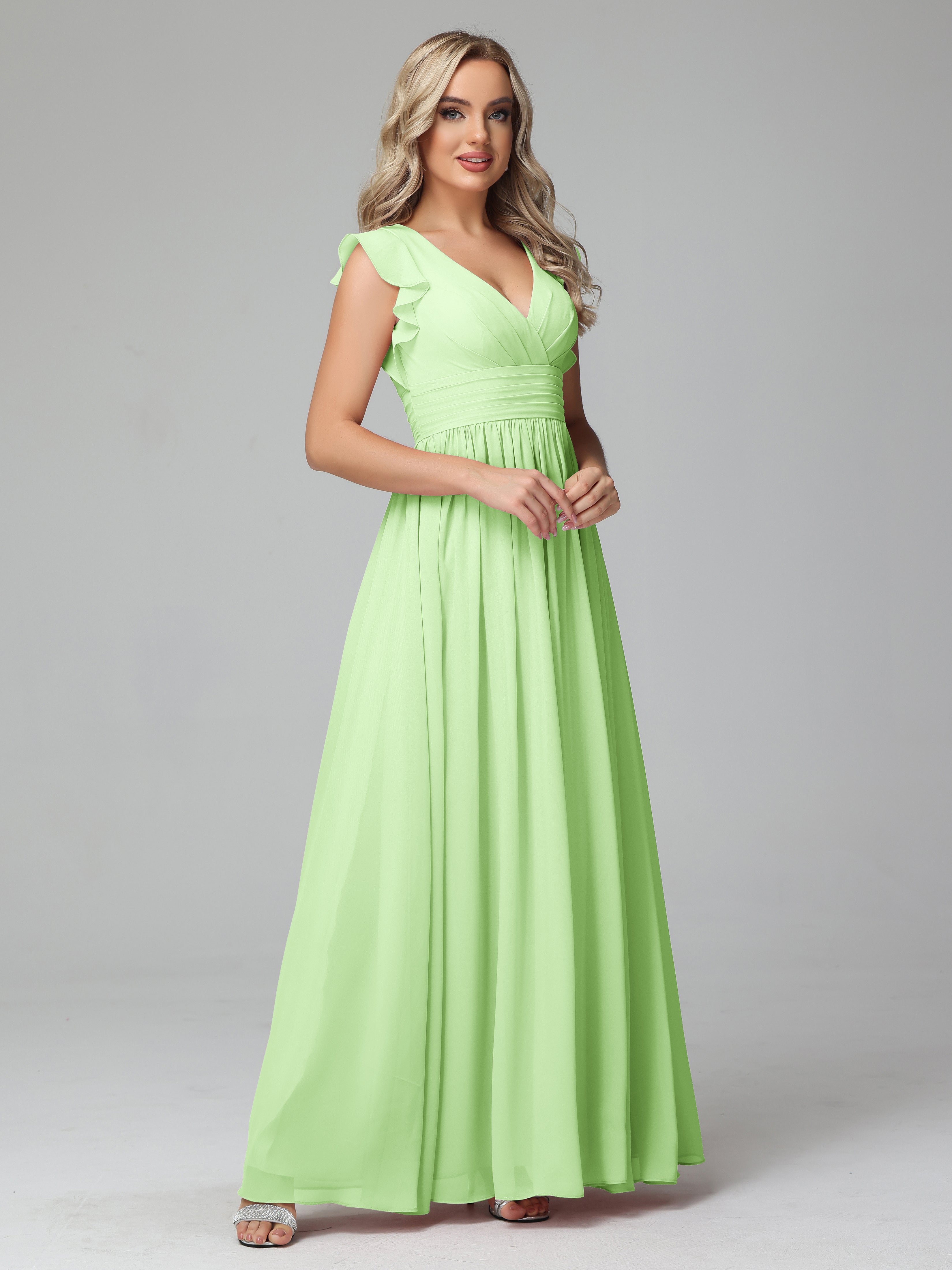 Robes De Demoiselle D'Honneur Vert Sauge Trapèze Mousseline Longue Robes Demoiselle D'Honneur