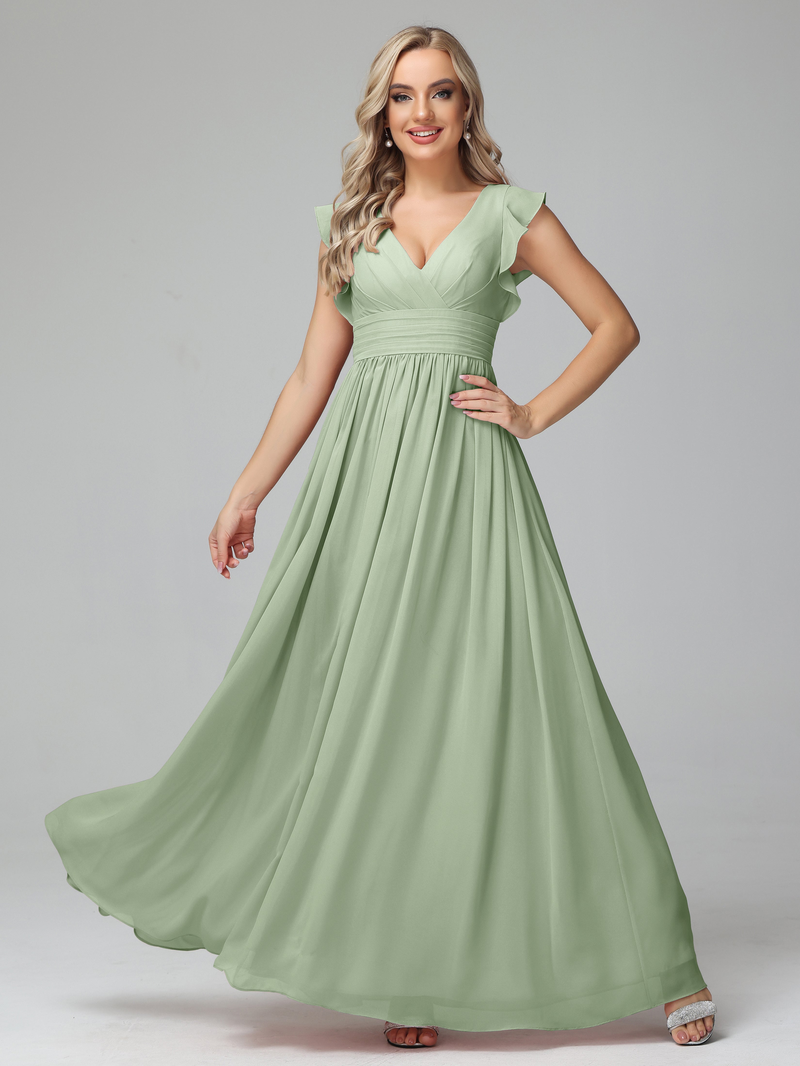 Robes De Demoiselle D'Honneur Vert Sauge Poussiéreux Trapèze Mousseline Longue Robes Demoiselle D'Honneur