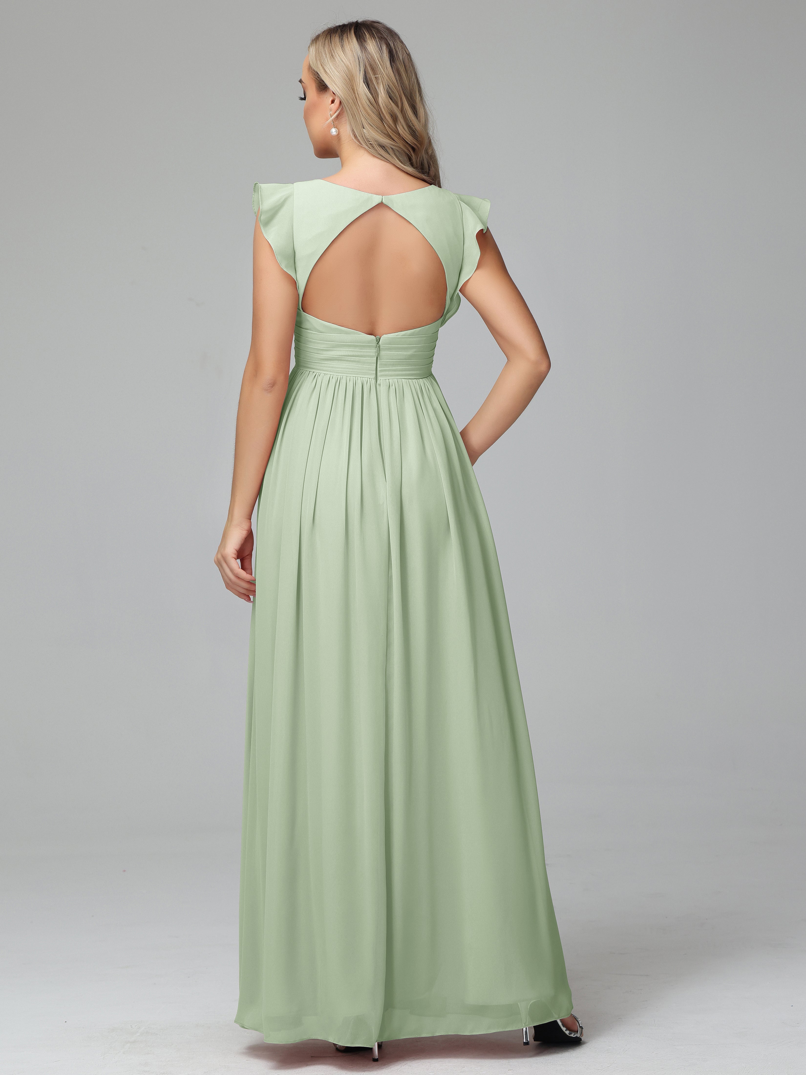 Robes De Demoiselle D'Honneur Vert Sauge Poussiéreux Trapèze Mousseline Longue Robes Demoiselle D'Honneur