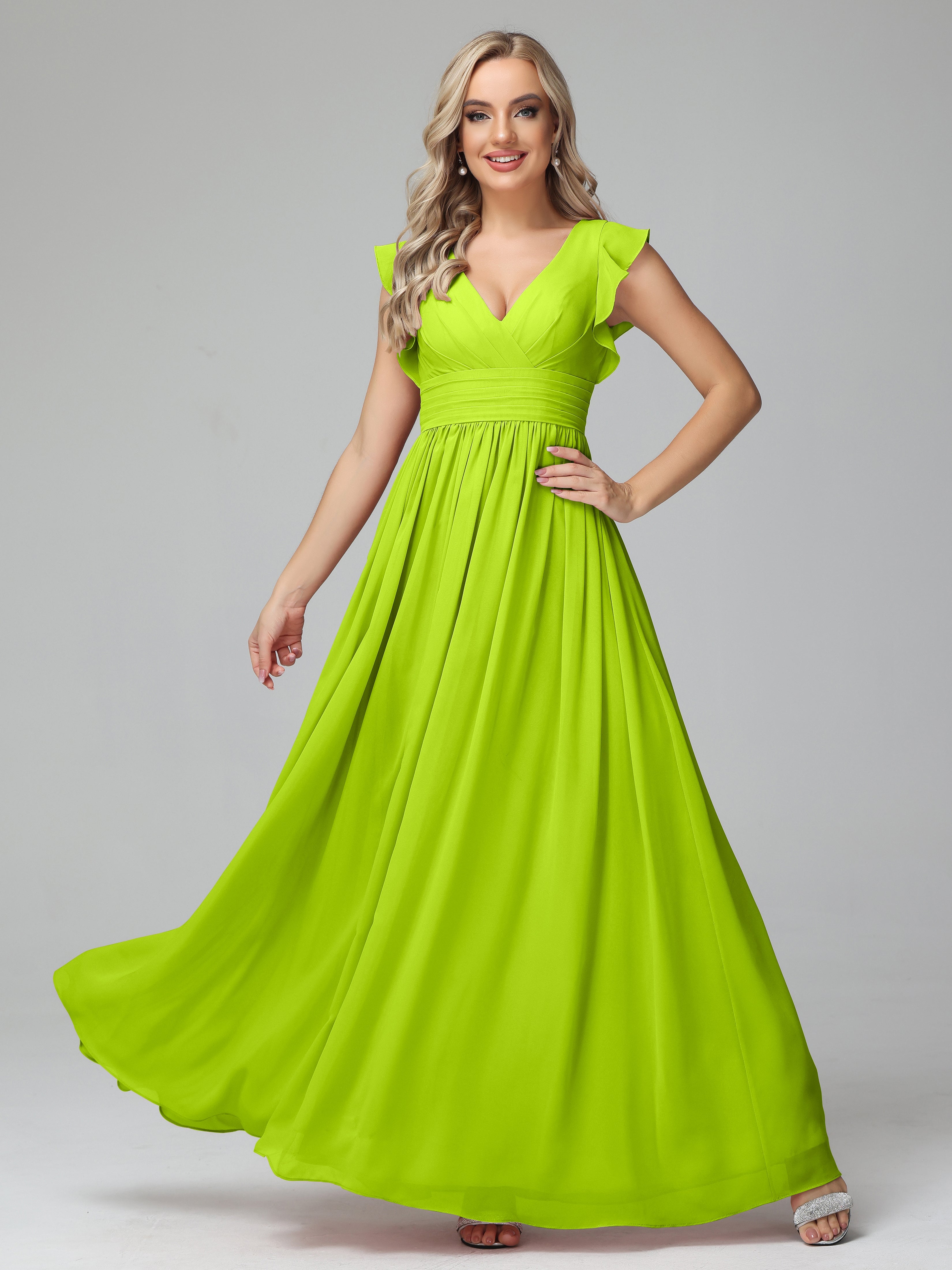 Robes De Demoiselle D'Honneur Vert Citron Trapèze Mousseline Longue Robes Demoiselle D'Honneur