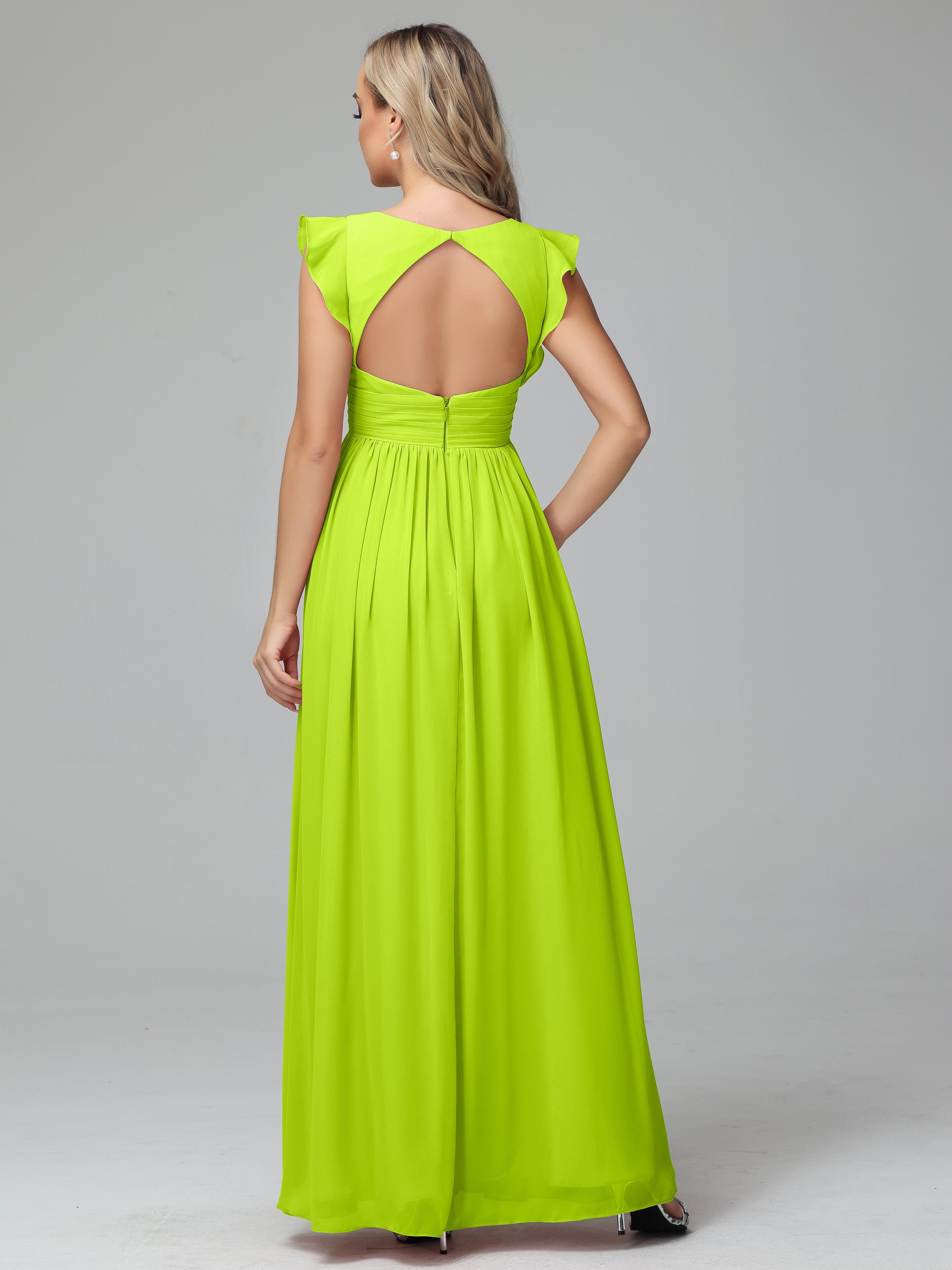Robes De Demoiselle D'Honneur Vert Citron Trapèze Mousseline Longue Robes Demoiselle D'Honneur