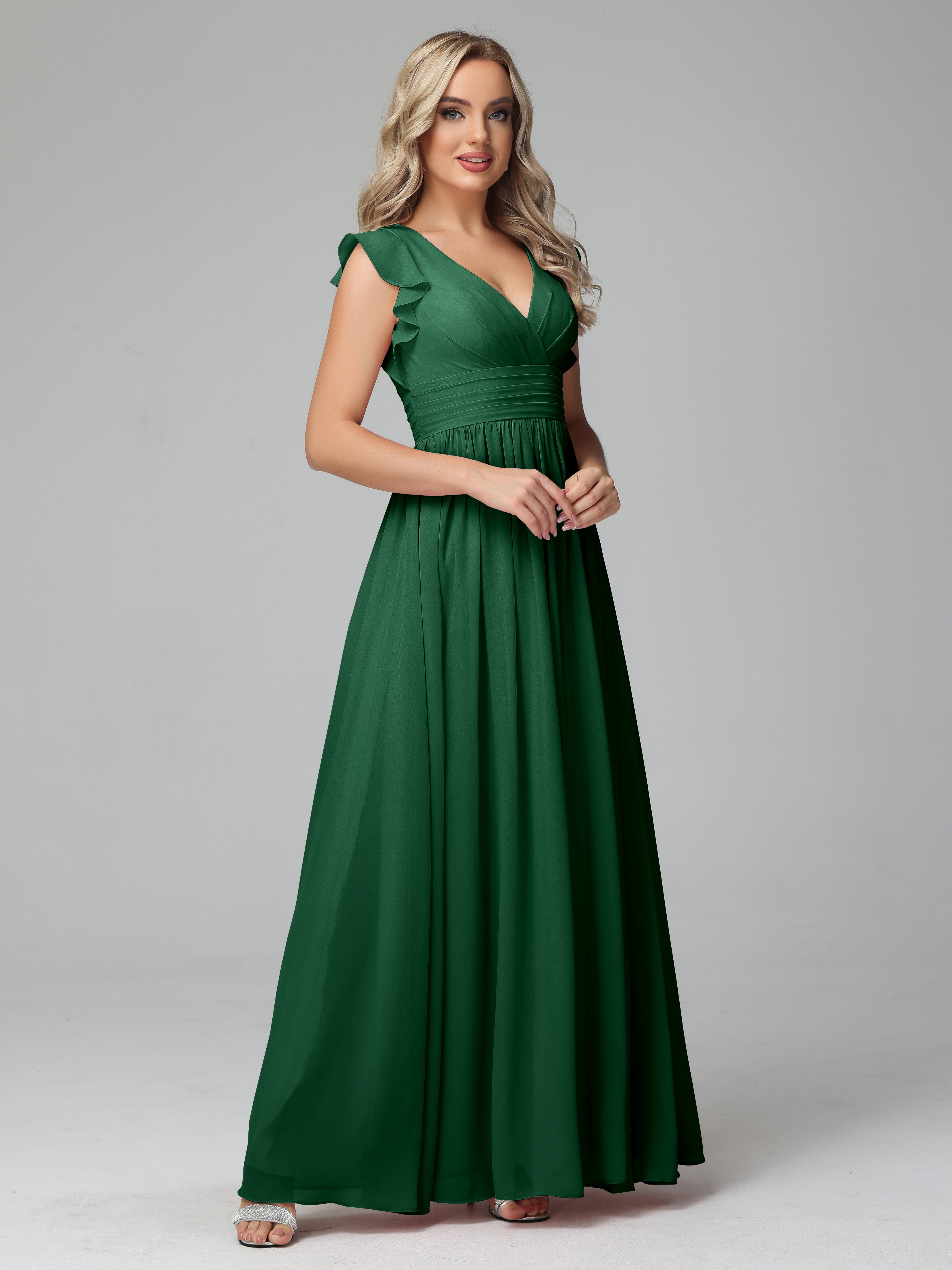 Robes De Demoiselle D'Honneur Vert Foncé Trapèze Mousseline Longue Robes Demoiselle D'Honneur