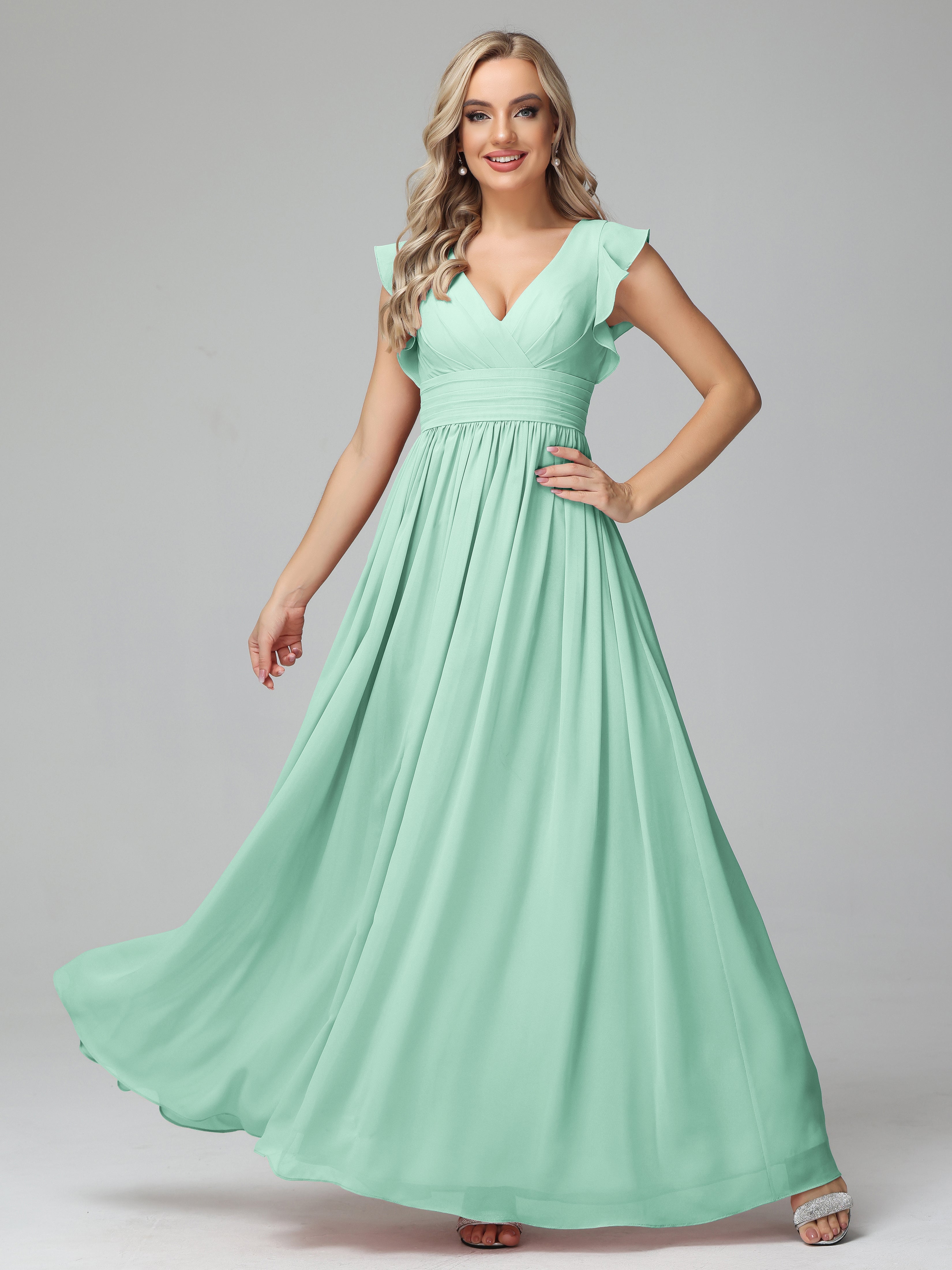 Robes De Demoiselle D'Honneur Vert Menthe Trapèze Mousseline Longue Robes Demoiselle D'Honneur