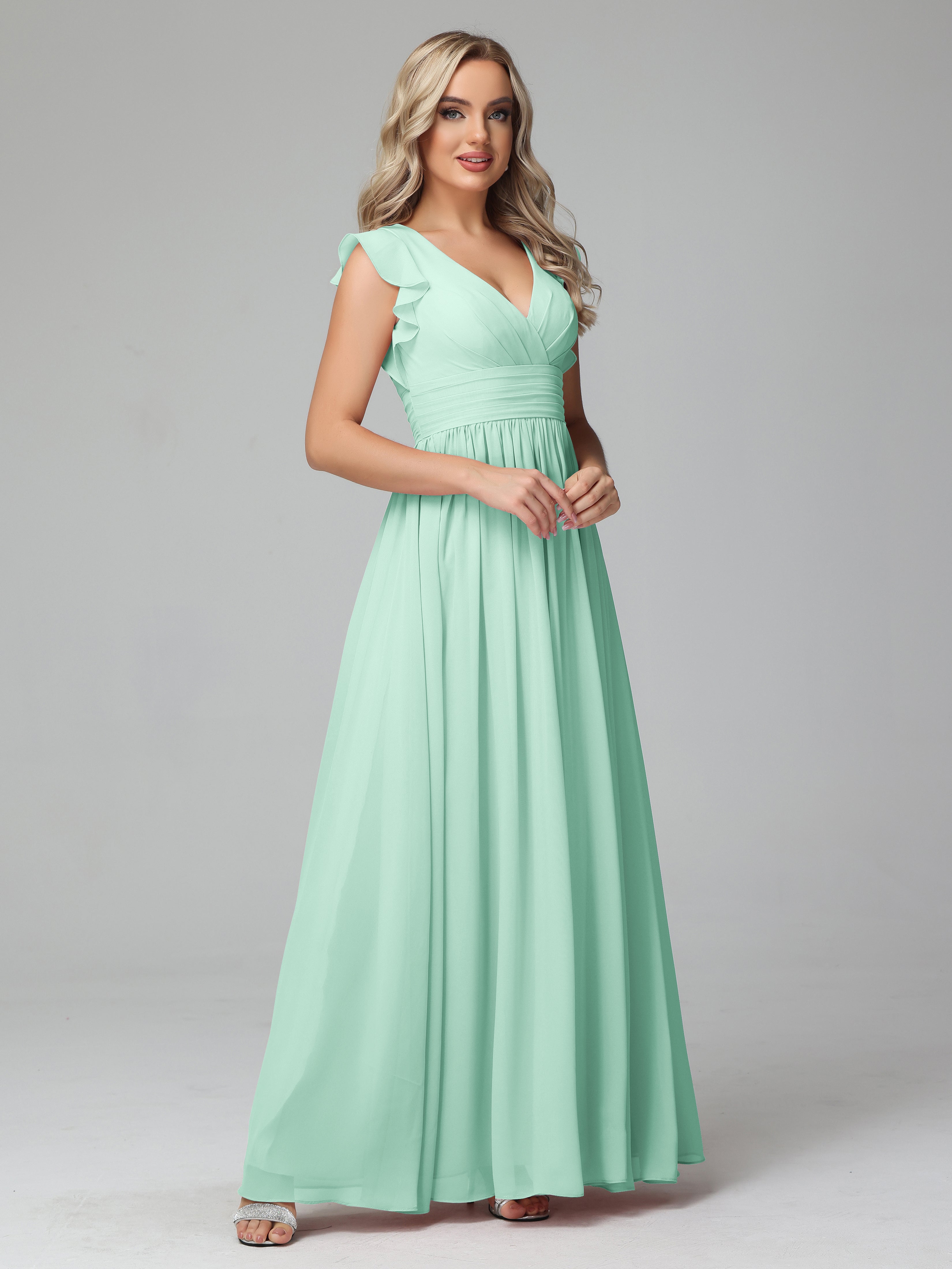 Robes De Demoiselle D'Honneur Vert Menthe Trapèze Mousseline Longue Robes Demoiselle D'Honneur