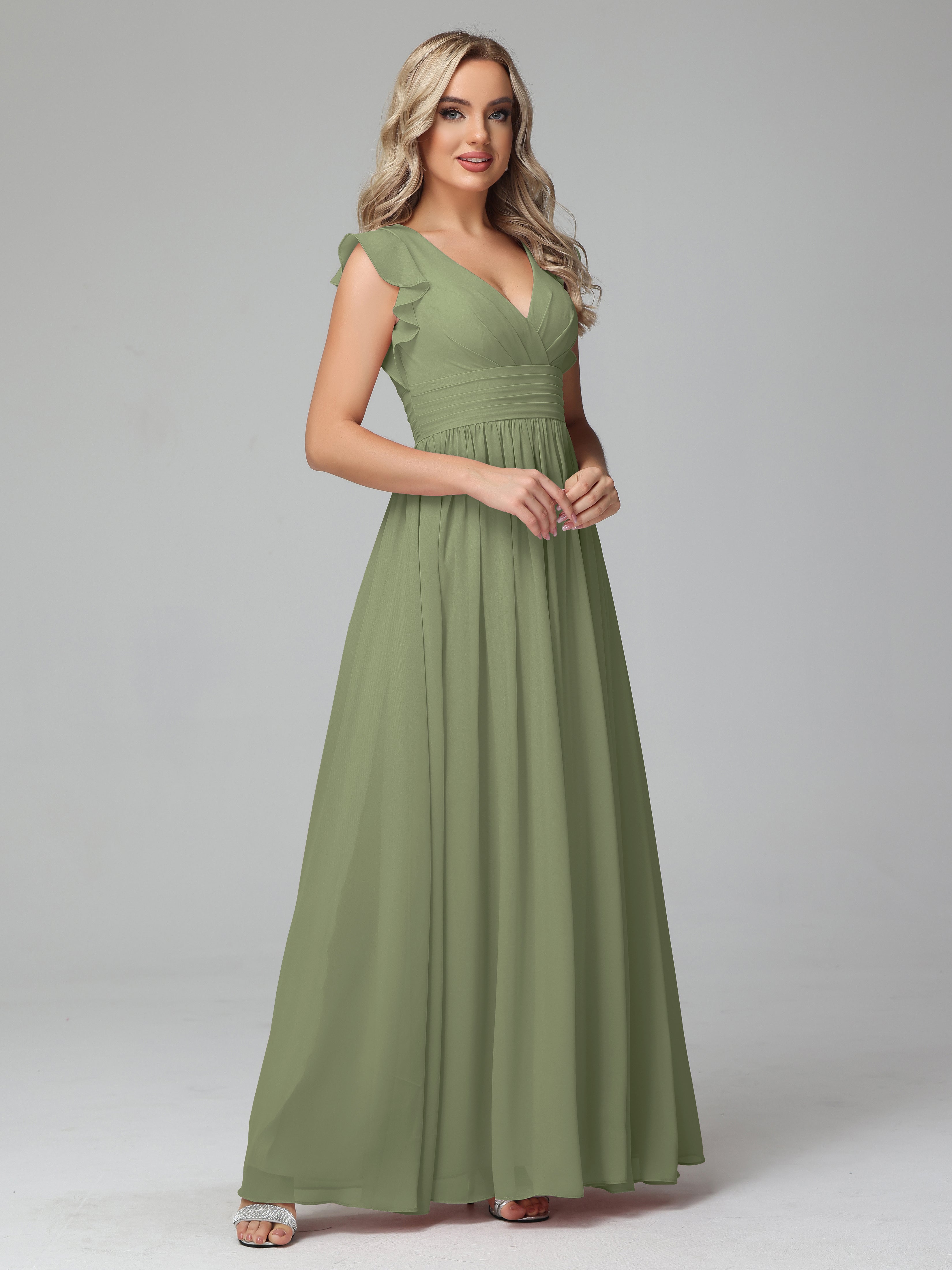 Robes De Demoiselle D'Honneur Olive Trapèze Mousseline Longue Robes Demoiselle D'Honneur