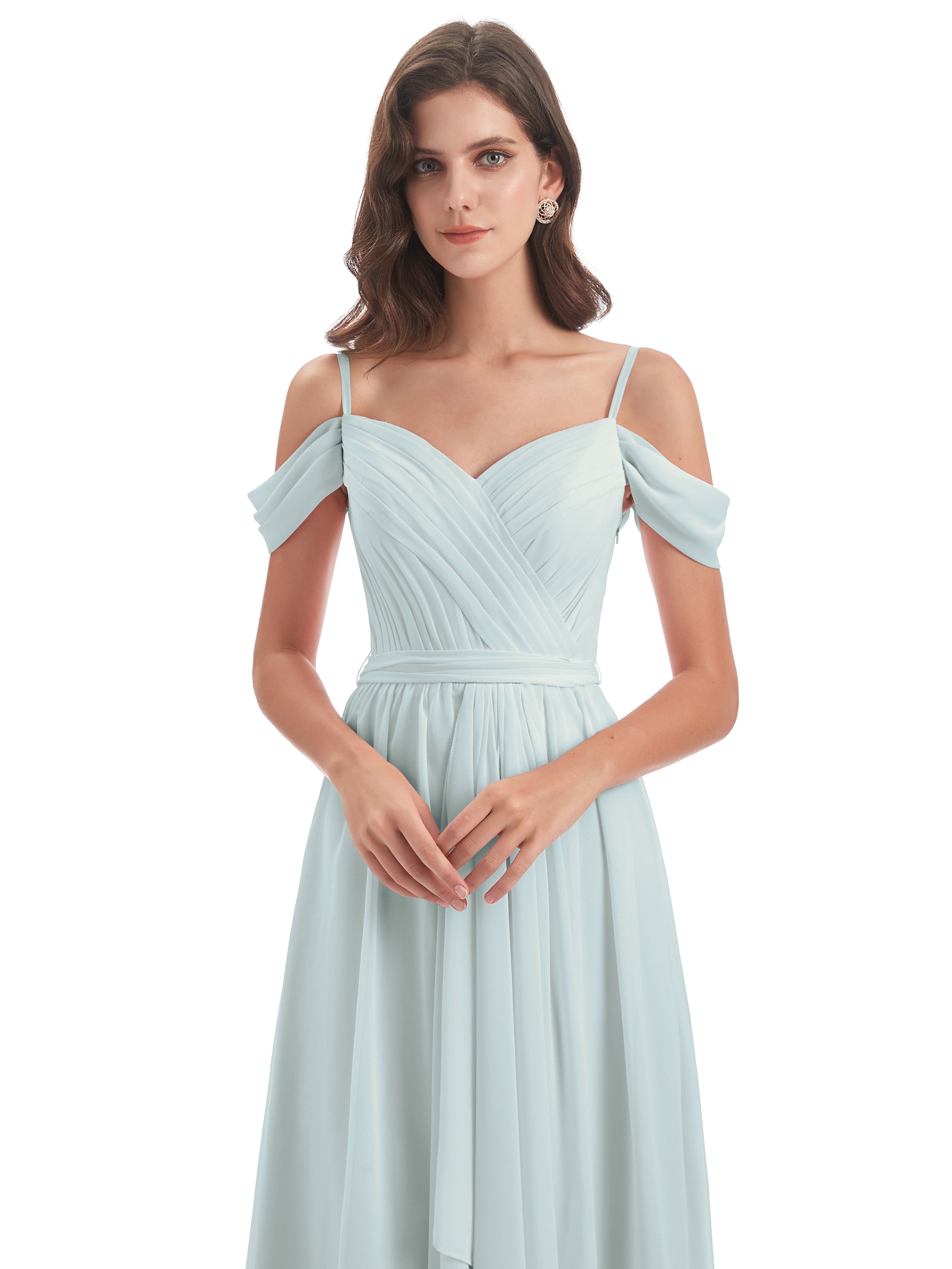 Robe Demoiselle D Honneur Celadon Bretelles Spaghetti Fendue Plis Robes Demoiselle D'Honneur