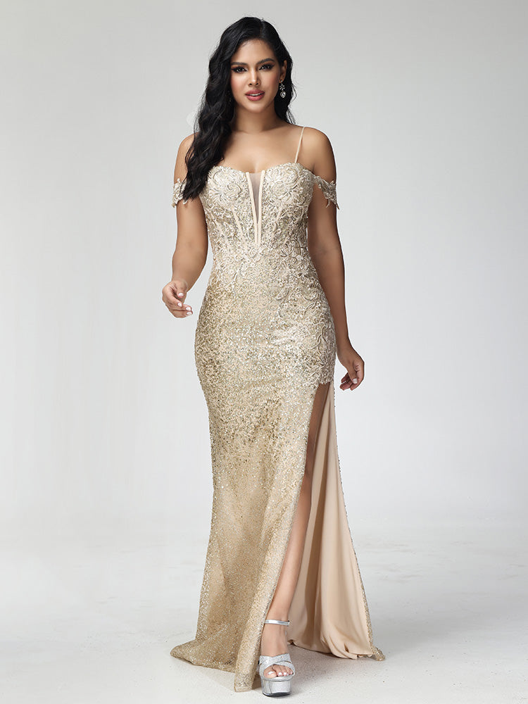 Bretelles Spaghetti Fente latérale Paillettes Robe de demoiselle d'honneur avec traîne CHAMPAGNE